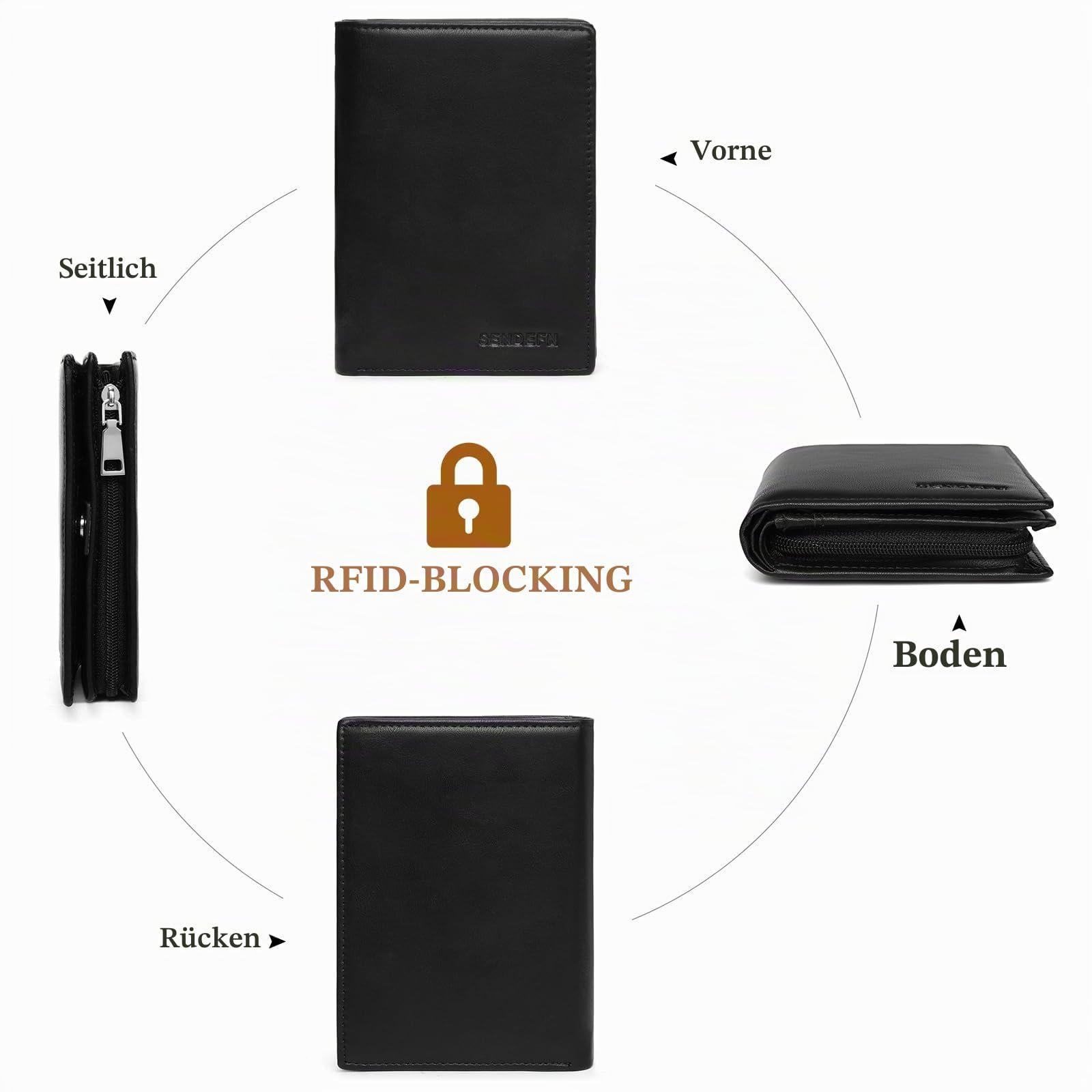 Гаманець SENDEFN A01-black Портретний формат RFID-захист Веганська шкіра Кишеня для монет 11 слотів для карт black Classic, фото №5