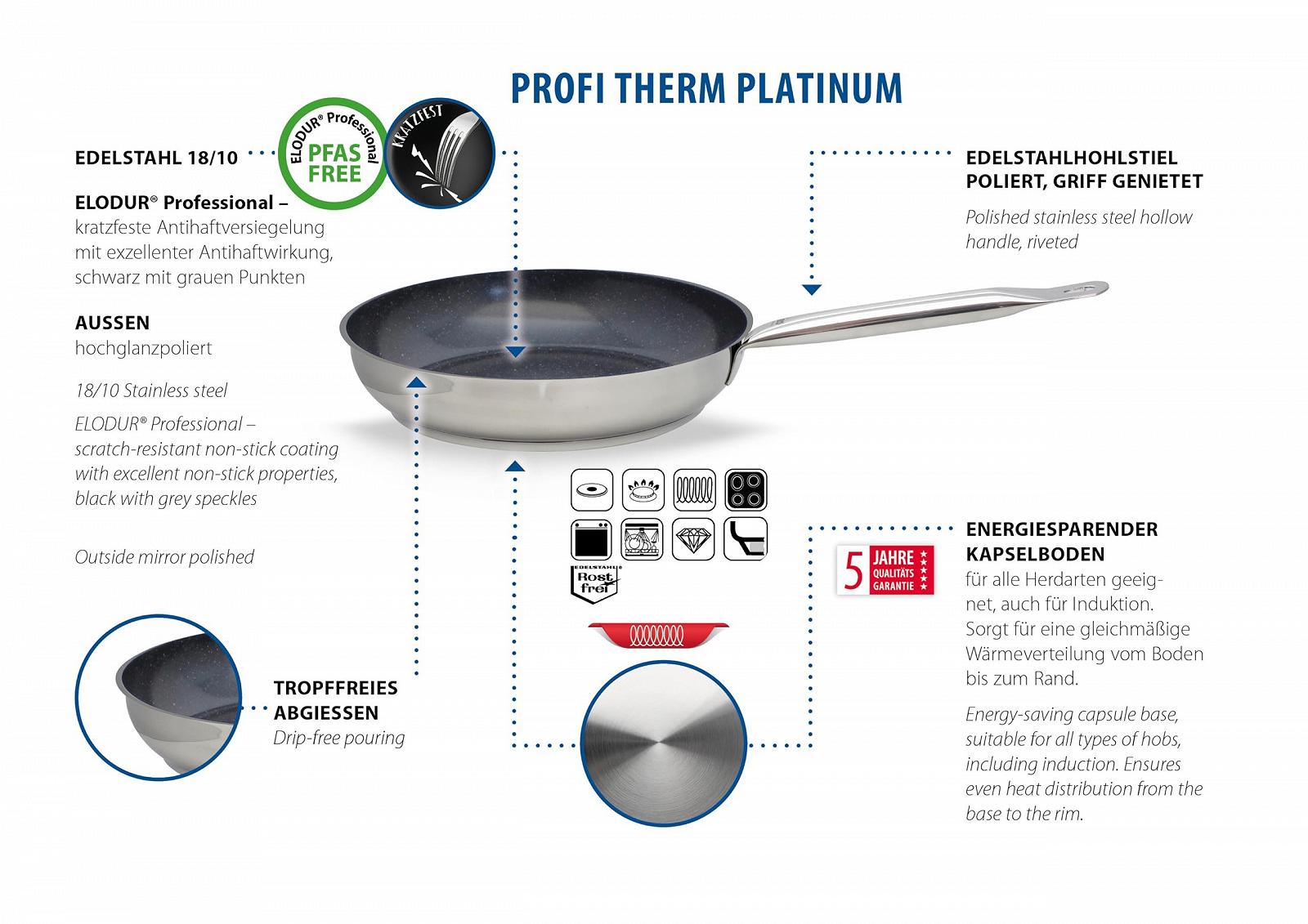 Сковорода ELO Profi Therm Platinum 28 см, нержавеющая сталь 18/10, антипригарное покрытие ELODUR® Select, фото №2 Сковорода ELO Profi Therm Platinum 28 см, нержавеющая сталь 18/10, антипригарное покрытие ELODUR® Select, фото №2