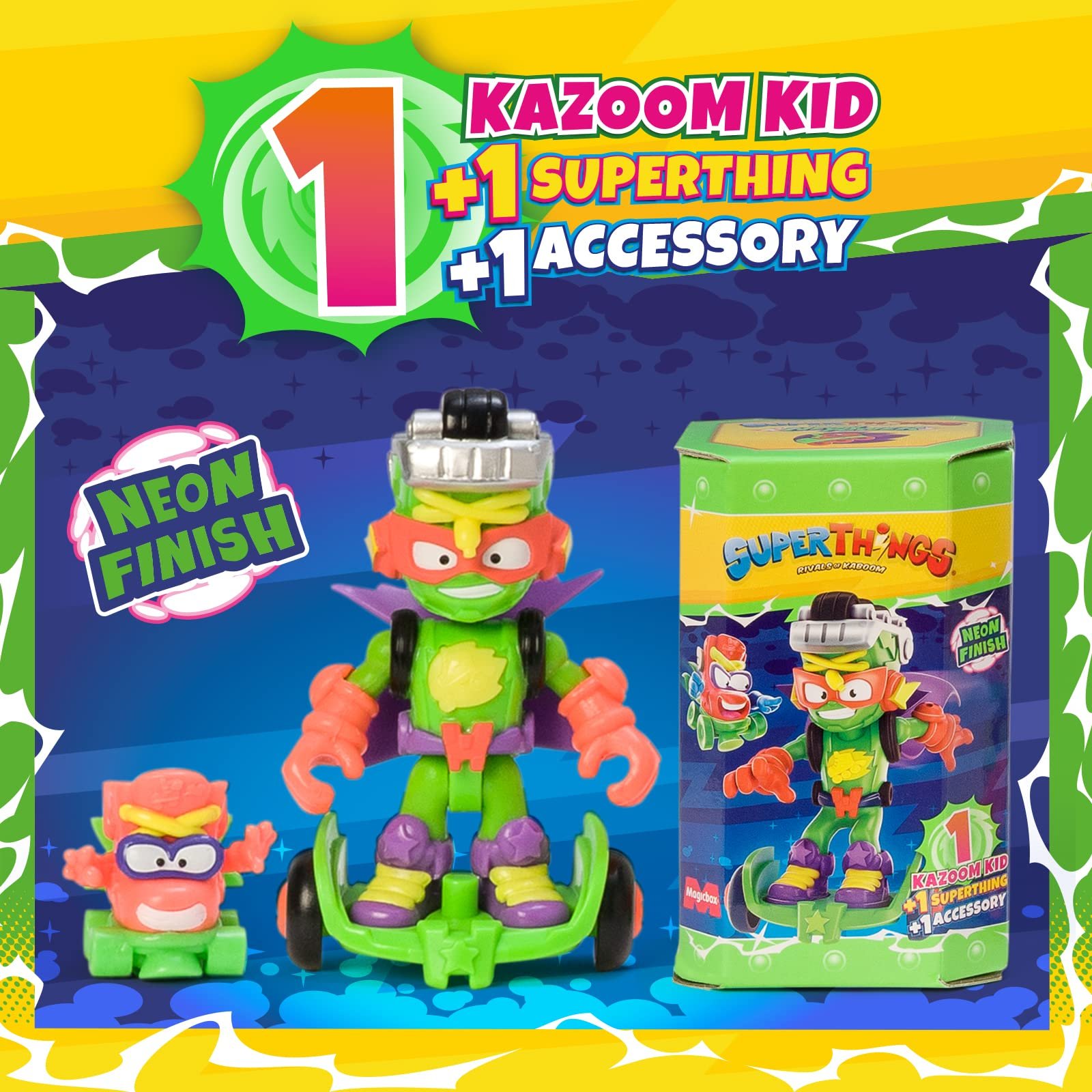 Фігурки SUPERTHINGS RIVALS OF KABOOM Neon Power Series, Повна колекція з 6 Kazoom Kids із серії Neon Power, кожен Kazoom Kid поставляється з 1 SuperThing і 1 бойовим аксесуаром, фото №2
