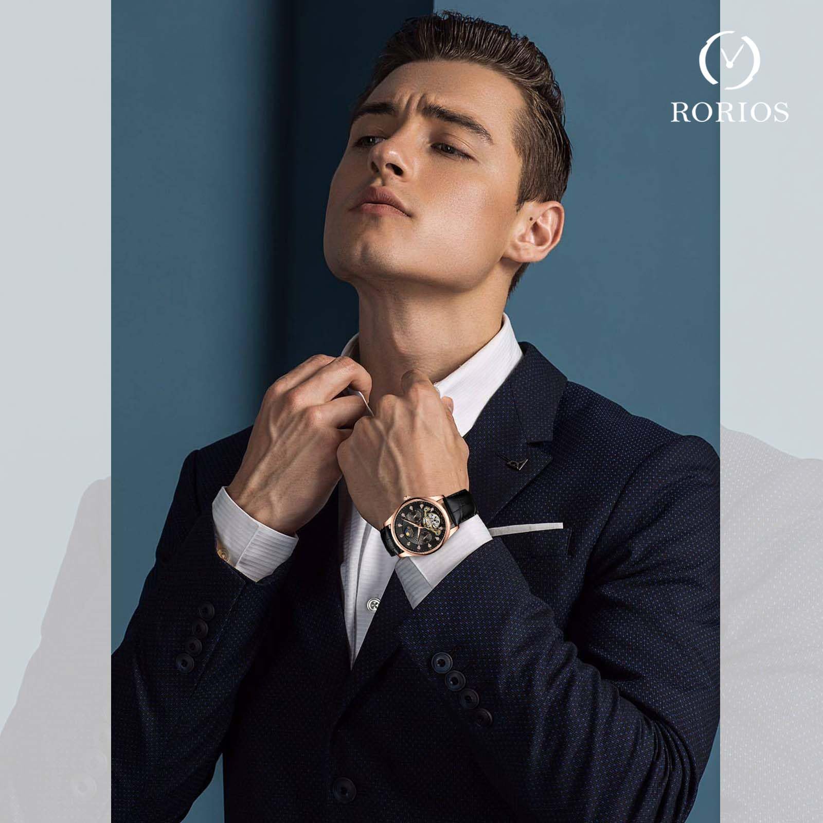 Часы rorios Men's Automatic Tourbillon Diamond Skeleton Waterproof Mechanical Luminous Moon Phase Leather Strap, фото №2