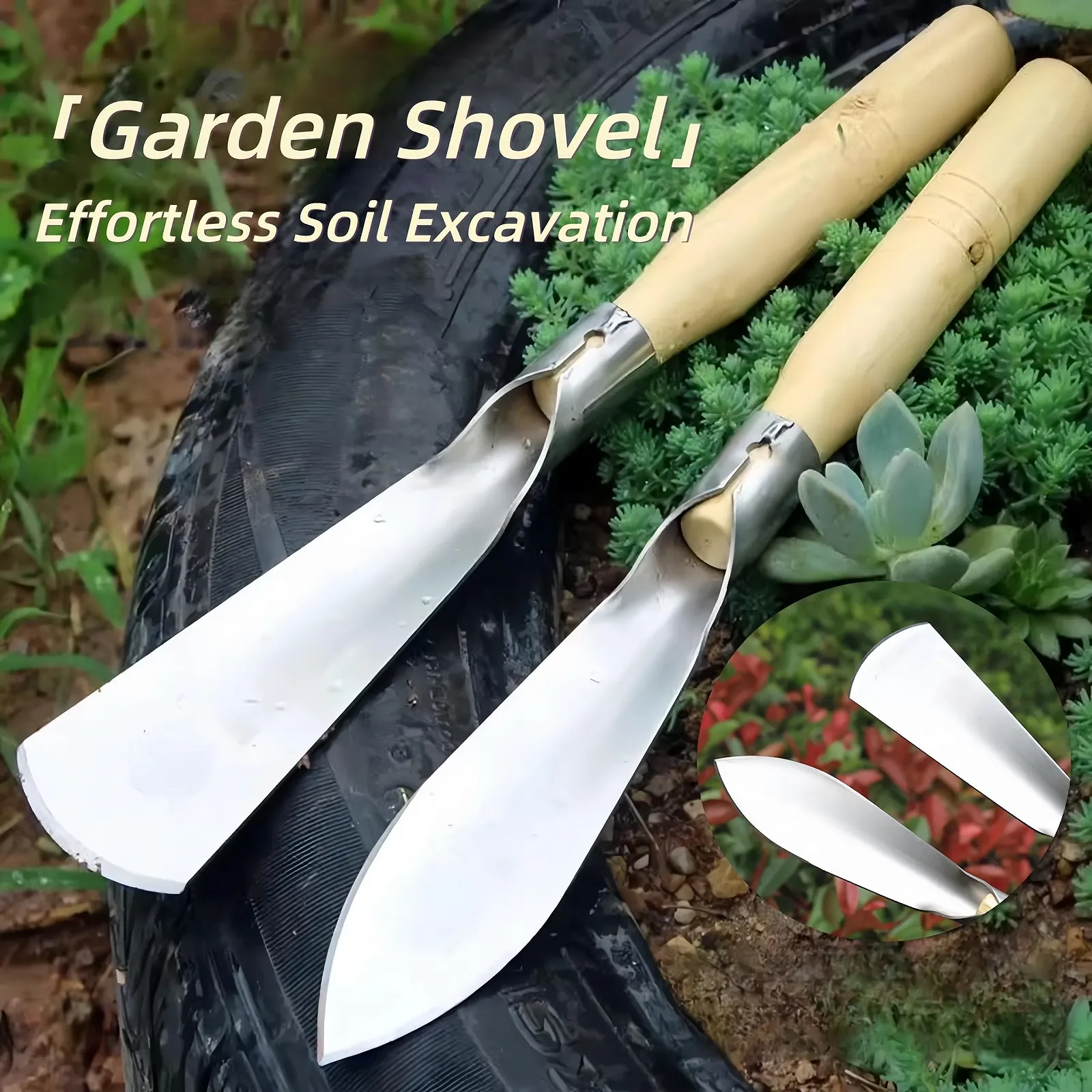 Садовый мастерок, набор садовых инструментов, 32 см, заостренный и плоский мастерок с деревянной ручкой, ручная лопата для переворачивания и посадки, 2 шт., фото №2
