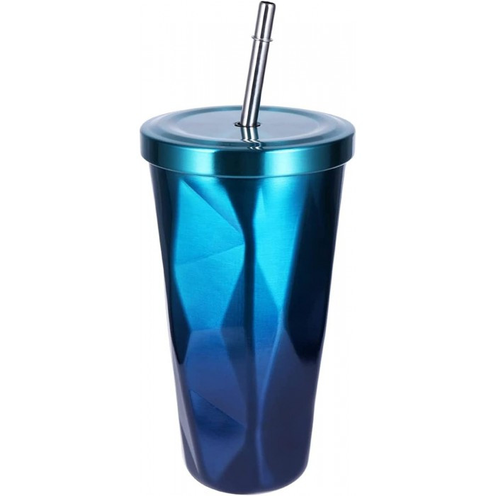 Металлический стакан с трубочкой Diamond 500 мл градиент синий, фото №1