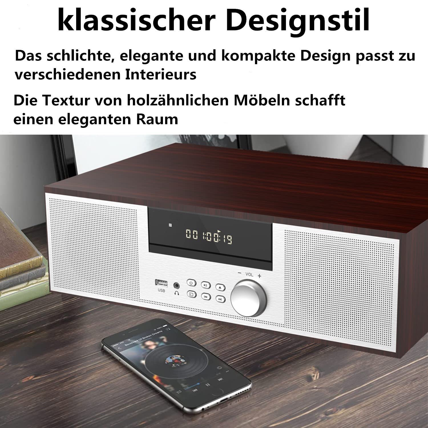 Вінтажна мікро Hi-Fi система CD стереосистема Mini Component 40 Вт RMS FM/Bluetooth-сумісний/USB/AUX/Дистанційне керування/Роз'єм для навушників, сумісний із джерелом звуку високої роздільної здатності, сріблястий, дерево, фото №3