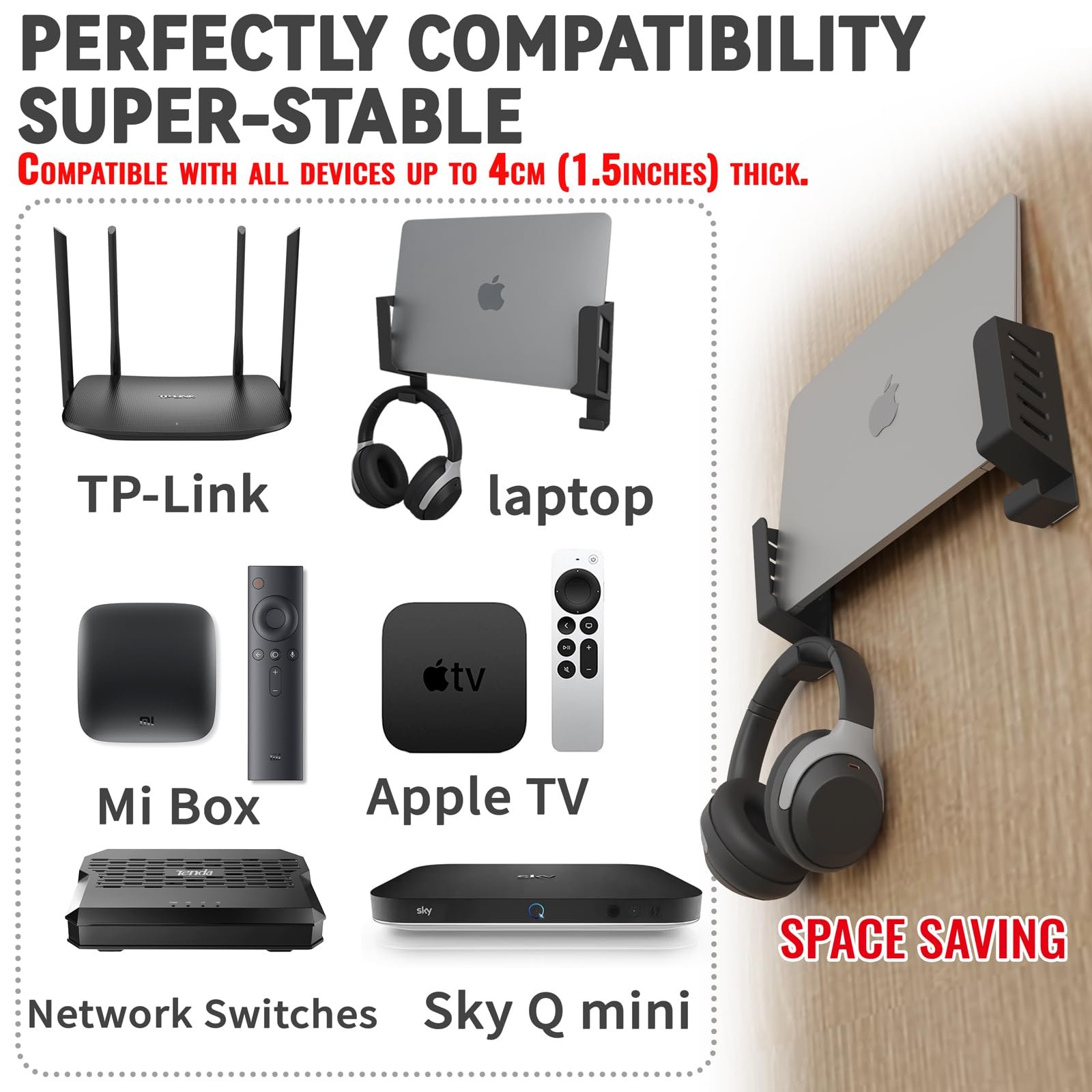 Настенное крепление sciUU Универсальное для ноутбуков/роутеров/ТВ приставок/сетевых коммутаторов/модемов - Совместимо с MacBook/Notebook/ASUS/Lenovo/HP/Dell - Настенная полка для устройств толщиной < 4 см, фото №2 Настенное крепление sciUU Универсальное для ноутбуков/роутеров/ТВ приставок/сетевых коммутаторов/модемов - Совместимо с MacBook/Notebook/ASUS/Lenovo/HP/Dell - Настенная полка для устройств толщиной < 4 см, фото №2