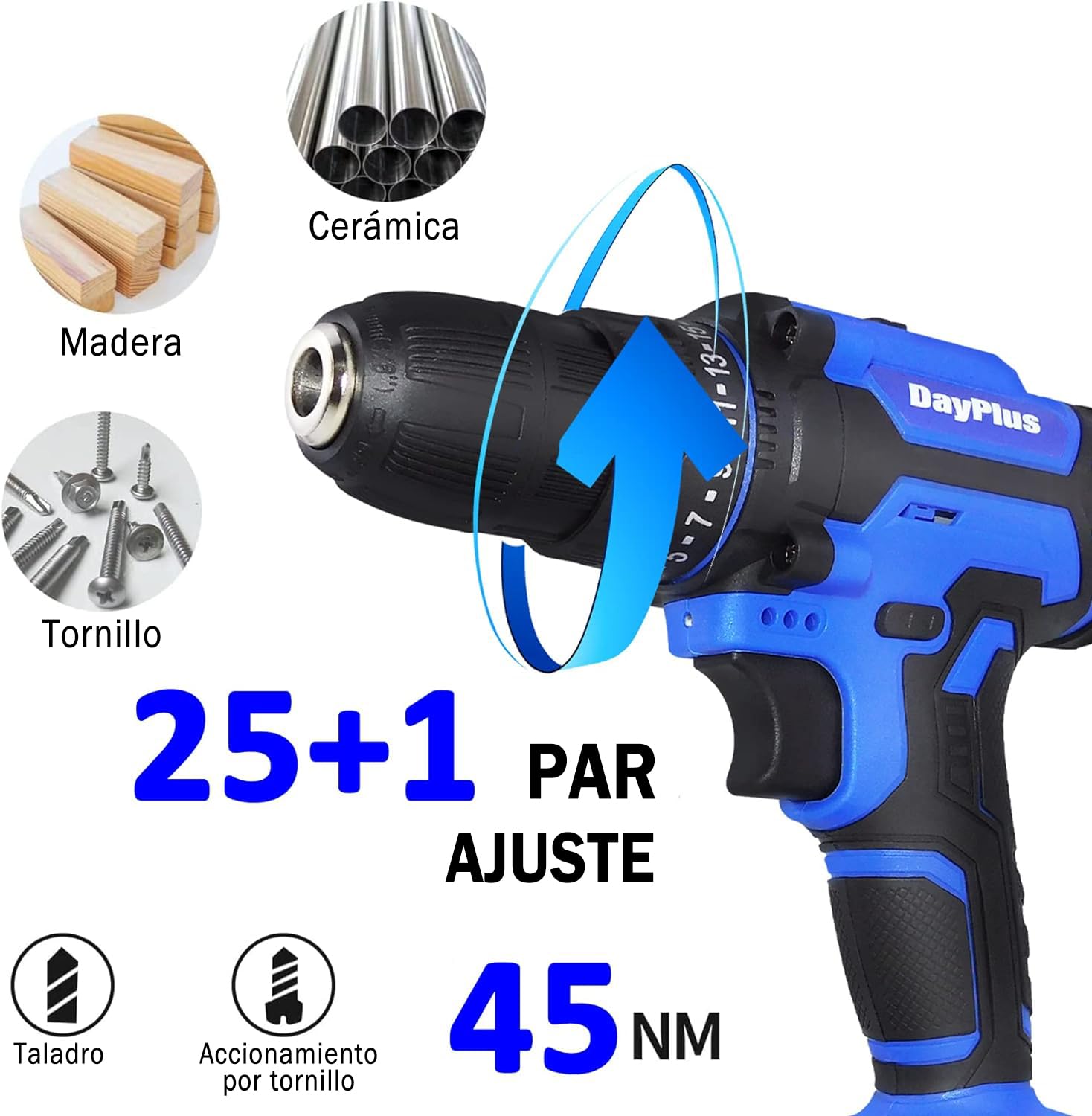 Дриль-шуруповерт Huini 21V з 1 акумулятором 1.5Ah електричний шуруповерт 25+1 регулювання крутного моменту 45Nm 2-швидкісний 26 аксесуарів LED світло для домашнього використання, фото №4