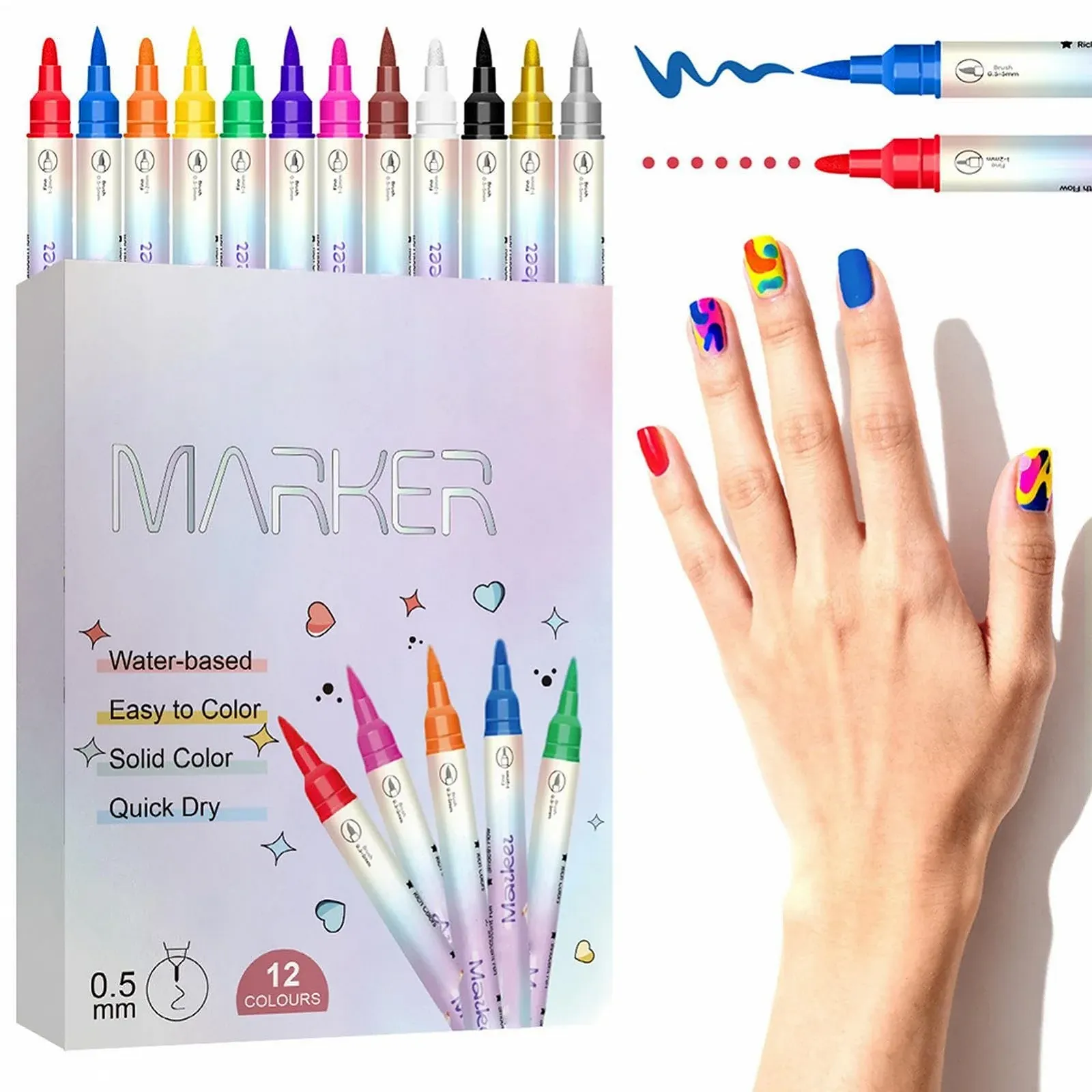 Маркеры для лака для ногтей Nagellack-Marker 12 цветов На водной основе Двусторонние, фото №1