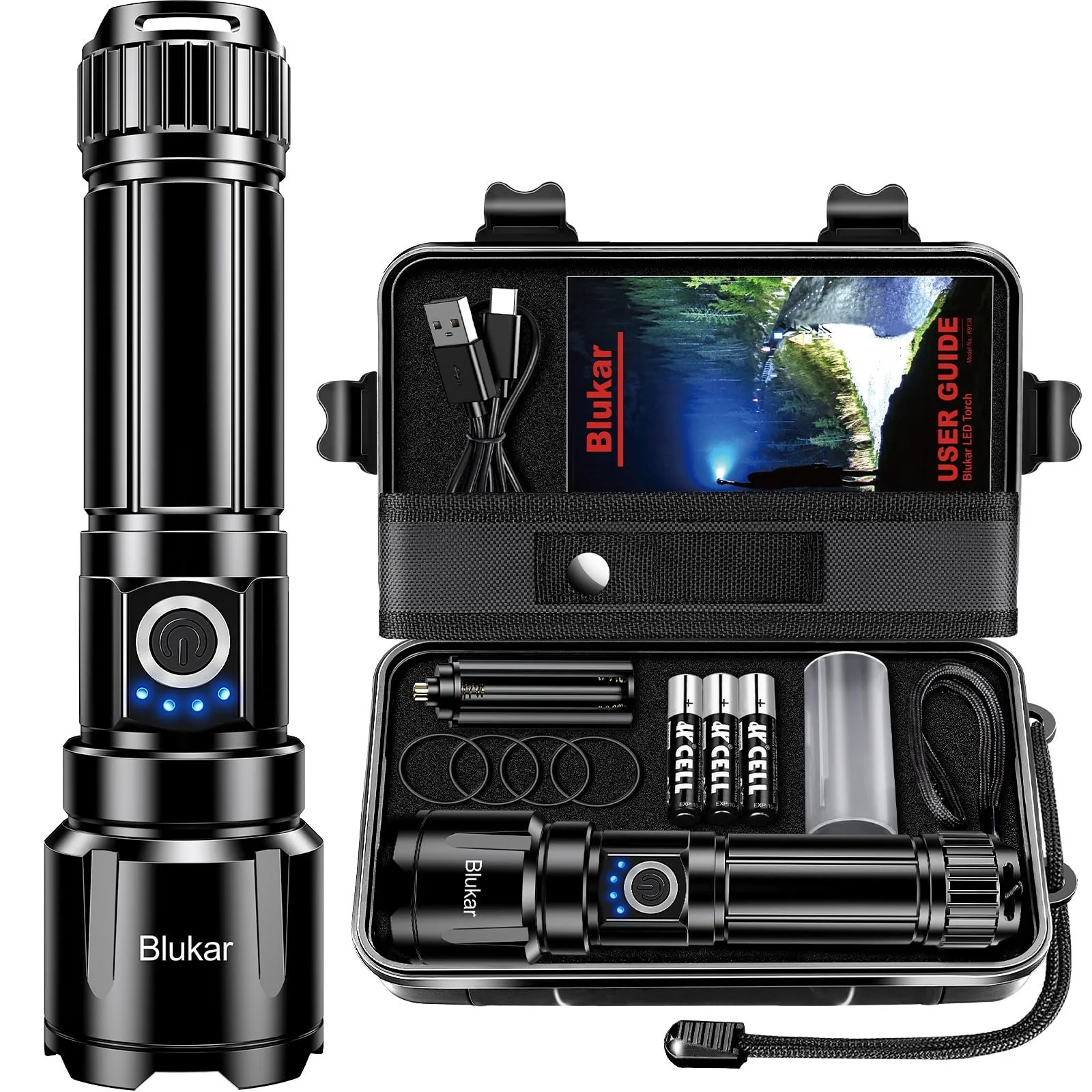 Ліхтар Blukar LED Перезаряджуваний 500 000 люмен тактичний зумований 5 режимів IP67 водонепроникний для кемпінгу, походів, риболовлі, надзвичайних ситуацій, фото №1