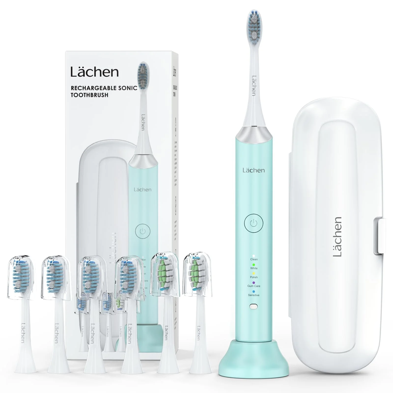 Электрическая зубная щетка Lächen 5 программ Дорожный футляр 6 насадок IPX7 Циановая, фото №1