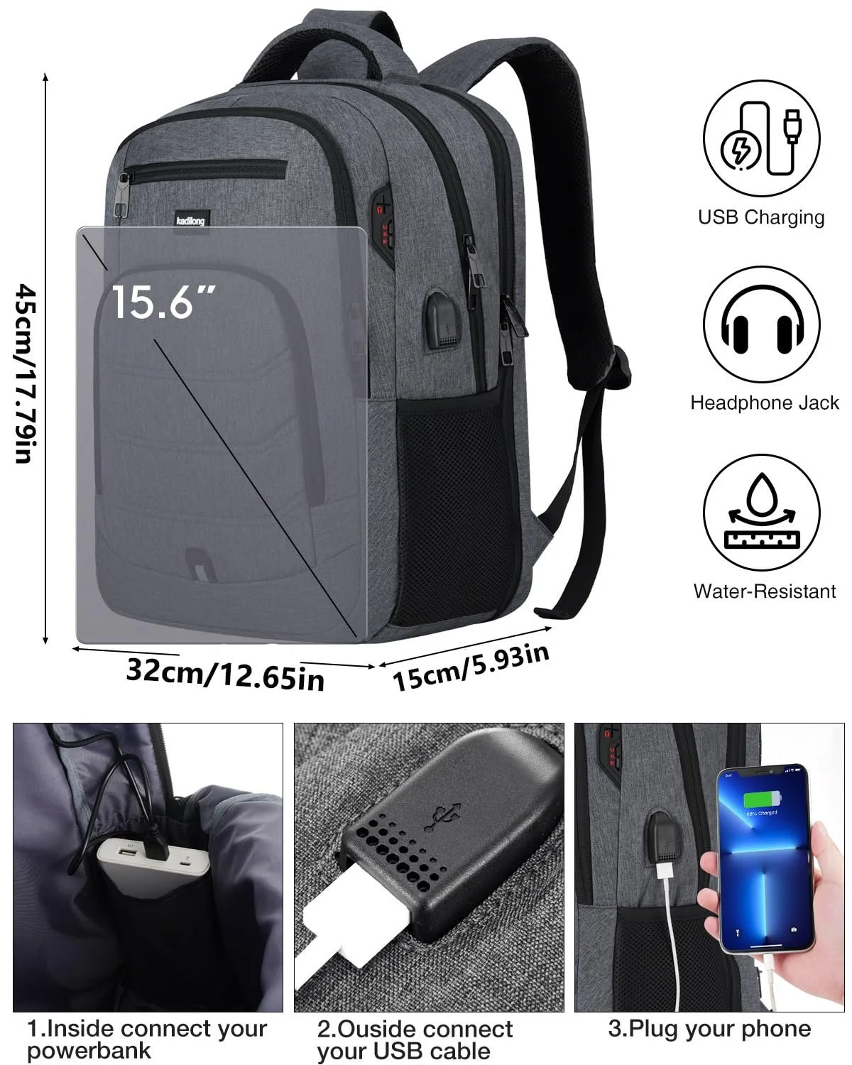 Рюкзак для ноутбука чоловічий 15.6 дюйма водонепроникний з USB Чорний, фото №6 Рюкзак для ноутбука чоловічий 15.6 дюйма водонепроникний з USB Чорний, фото №6
