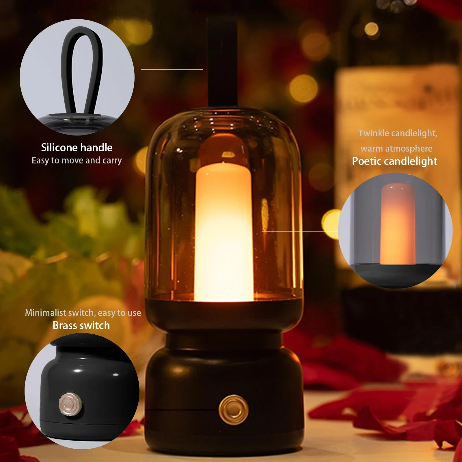 Настільна лампа-ліхтар Ретро LED портативна бездротова 1800 K режим мерехтіння свічки 14 год роботи чорна, фото №3