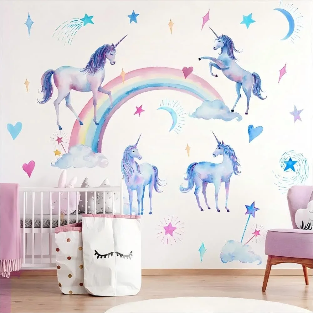 Наклейка на стіну WandSticker4U [Aqua Colour] Єдиноріг та веселка 105 x 90 см ПВХ акварель, фото №2