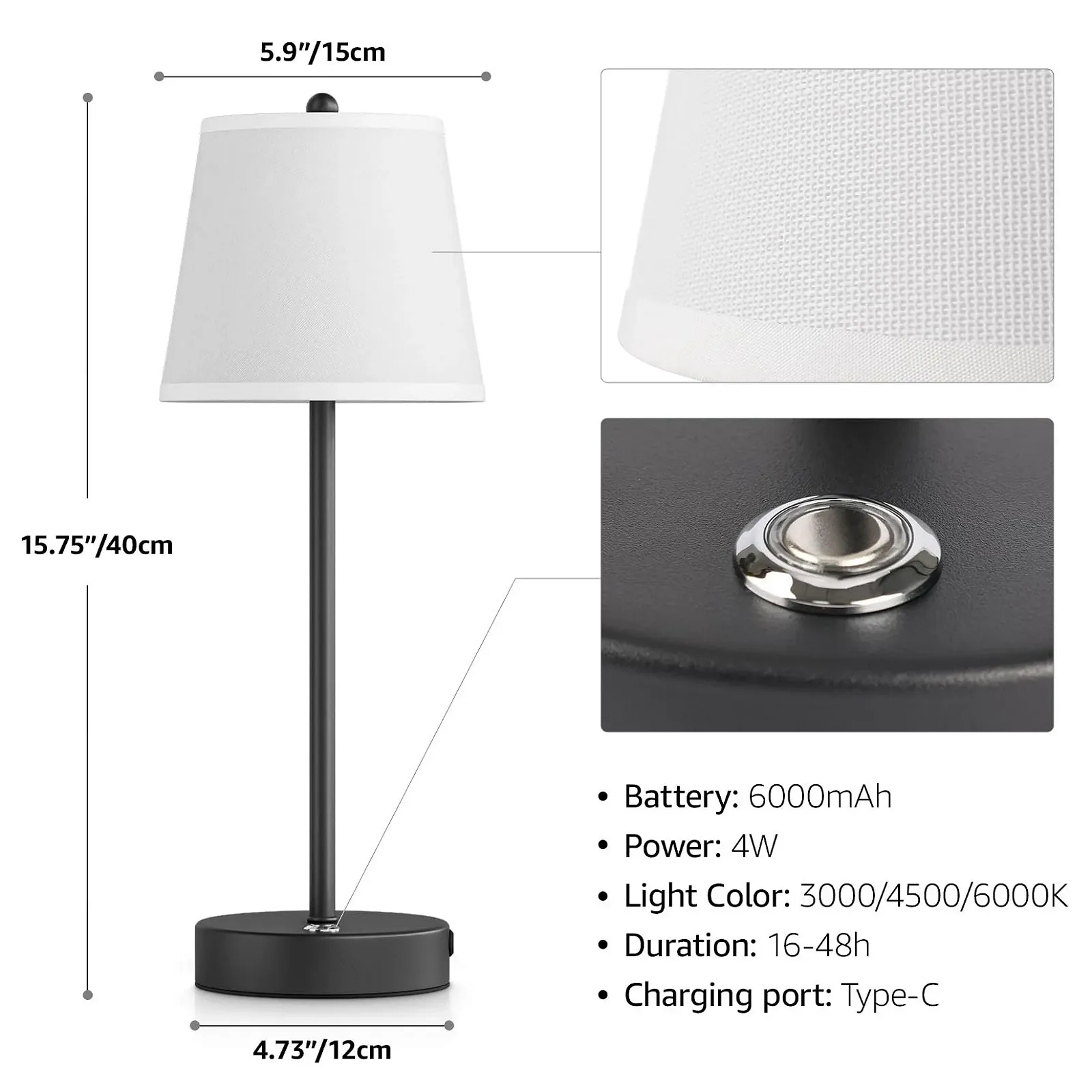 Настільна лампа Акумуляторна Бездротова 6000 мАг 40 см 4 Вт 2700-6000 K Сенсорна Чорна, фото №4