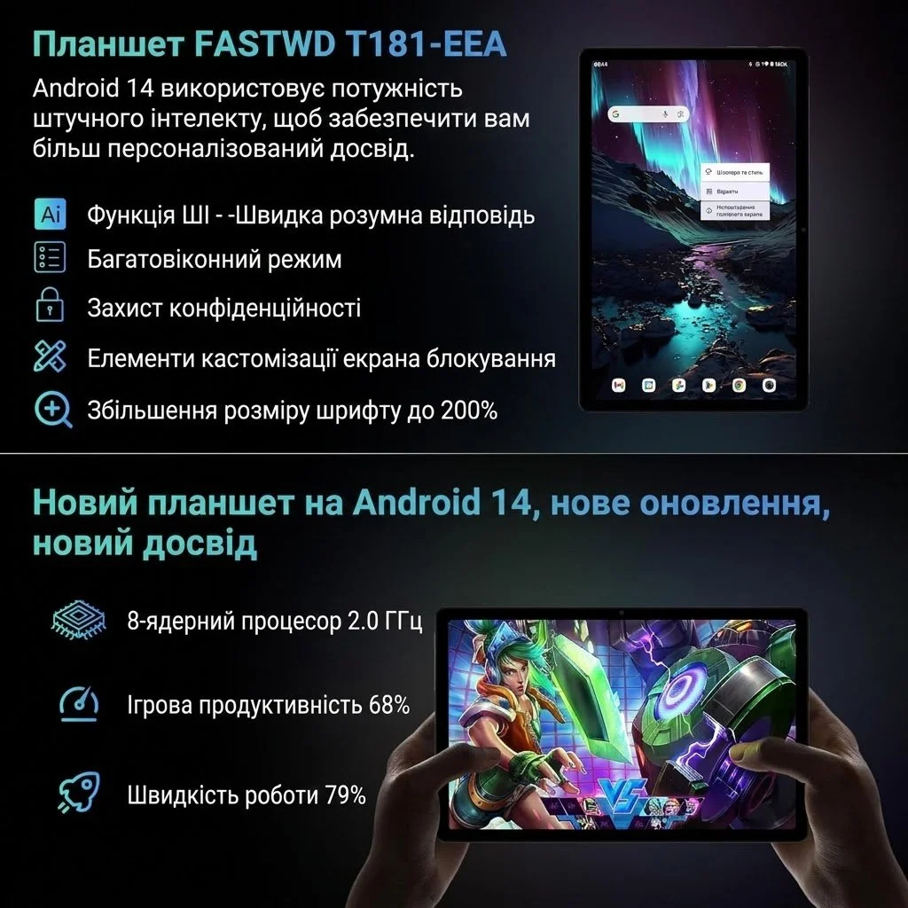 Планшет 11" Full HD DEEMWOLF P7 12+24/256 Gb 4G 2-SIM 8 ядер Android 14 9580 mAh Чорний, фото №3