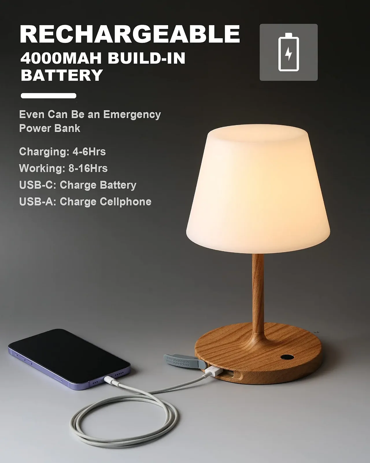 Настільна лампа Battery Operated Outdoor 4000 мАг Бездротова Водонепроникна Сенсорна Димувальна LED, фото №6