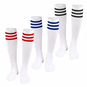 Колготки до колен Хлопковые полосатые для женщин Белые полосатые длинные гольфы Непрозрачные для женщин Девушки для ежедневной носки, 3 пары - Фото 1