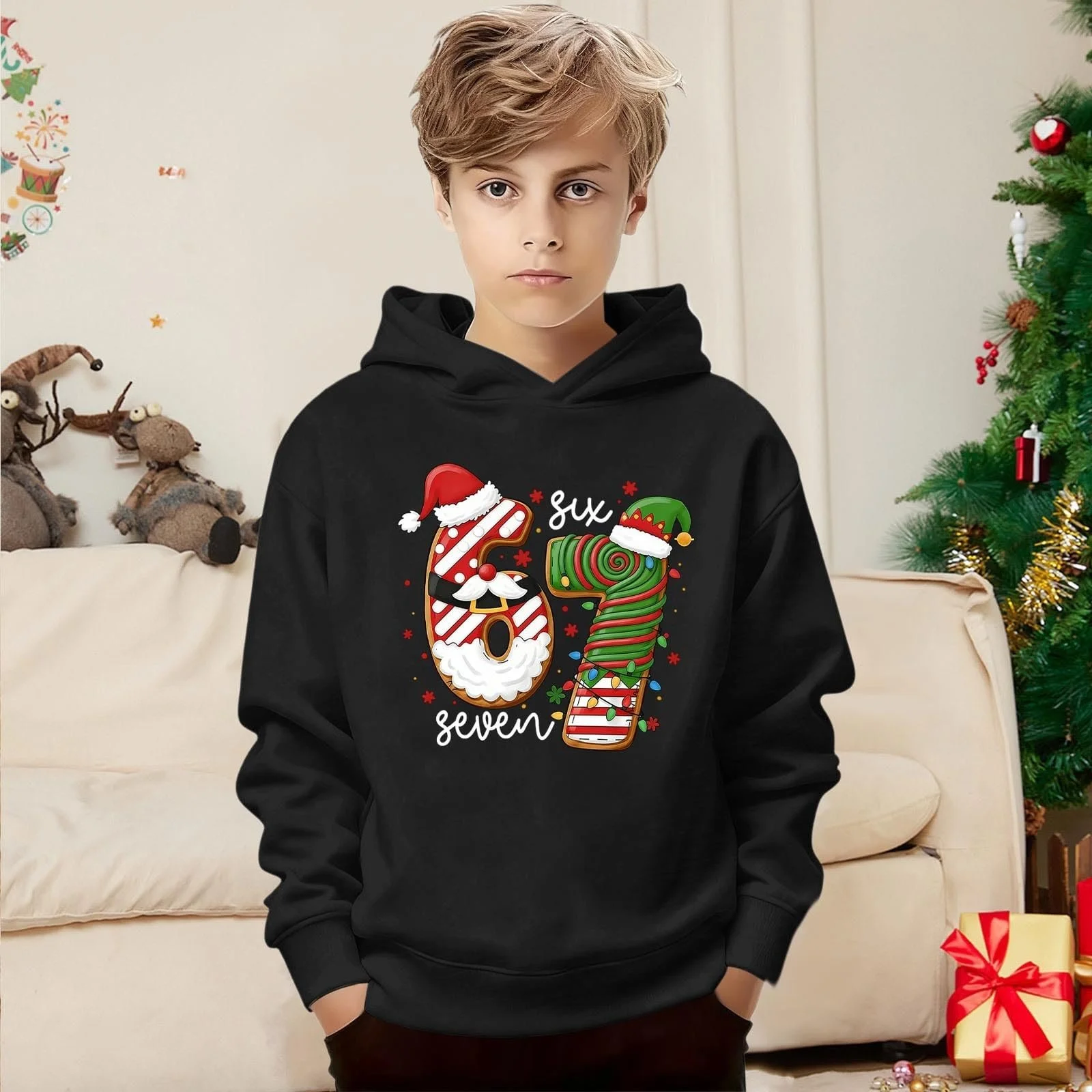 Толстовка с мемом 67 для мальчиков, худи с длинными рукавами и принтом 67, удобные мягкие свитшоты, подростковые пуловеры, повседневный модный джемпер для мальчиков и девочек, фото №3