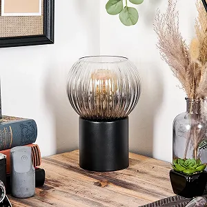 Настільна лампа HOFSTEIN Koyoto метал/рифлене скло Ø 15 см E27 Чорний/Димчастий/Прозорий synthetic.ua - Фото 1