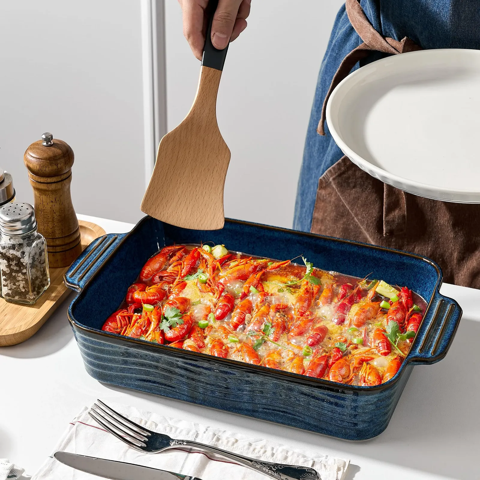 Керамическая форма для запекания Poecer 2000 мл квадратная фарфоровая с ручками Blue, фото №6