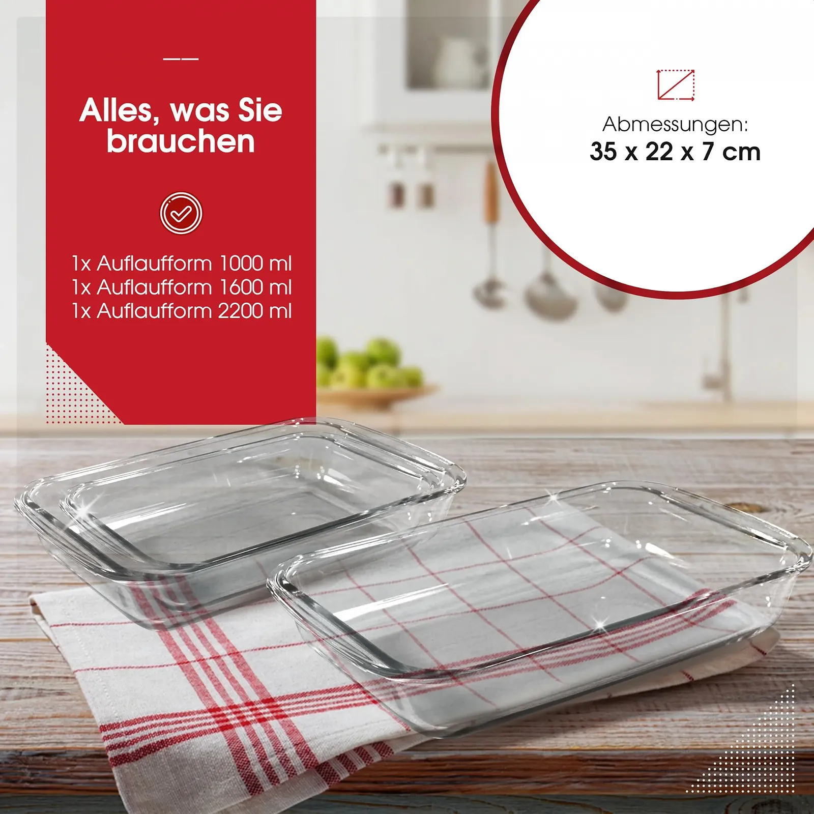 Набор форм для духовки 3 шт. 1 л - 1,6 л - 2,2 л Стеклянные Прямоугольные, фото №6