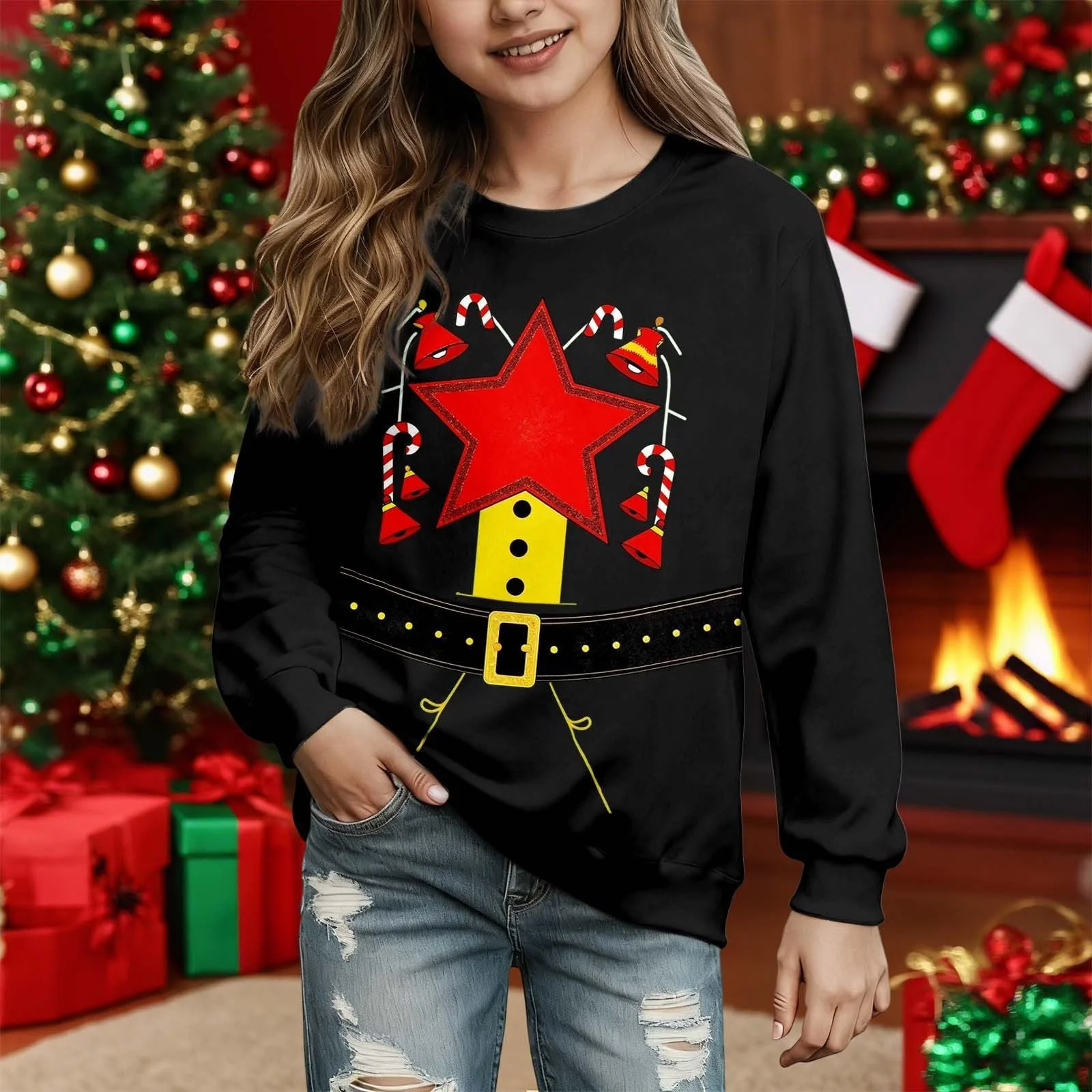 Рождественский джемпер Детский для девочек Забавный рождественский свитшот с праздничными мотивами Рождественский наряд без капюшона Рождественский джемпер Рождественская одежда, фото №2
