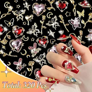 Украшения для ногтей Сердце, Роза, Бабочка, Бриллиант, Золотой, 320 шт synthetic.ua - Фото 1