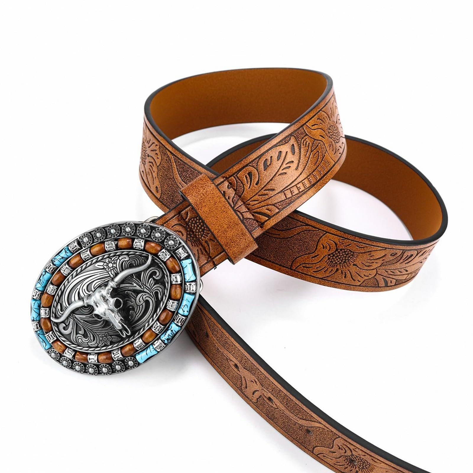 Шкіряний ремінь AGUTALITHIC з тисненням Longhorn Stier Blumengravur, срібляста бичача пряжка, 115 см, фото №4