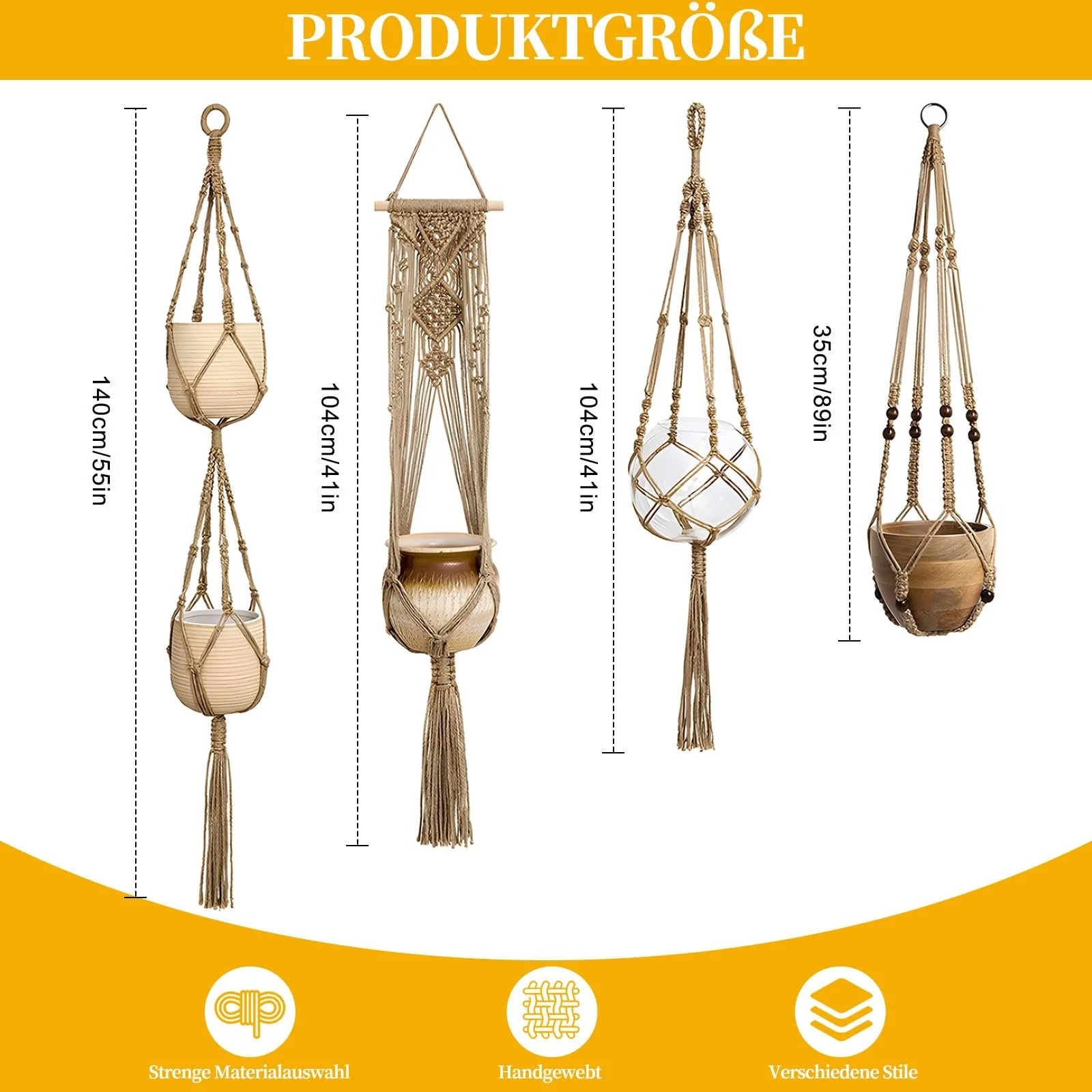 Підвісний кошик для квітів макраме набір 4 шт бохо бавовняна мотузка коричневий, фото №2