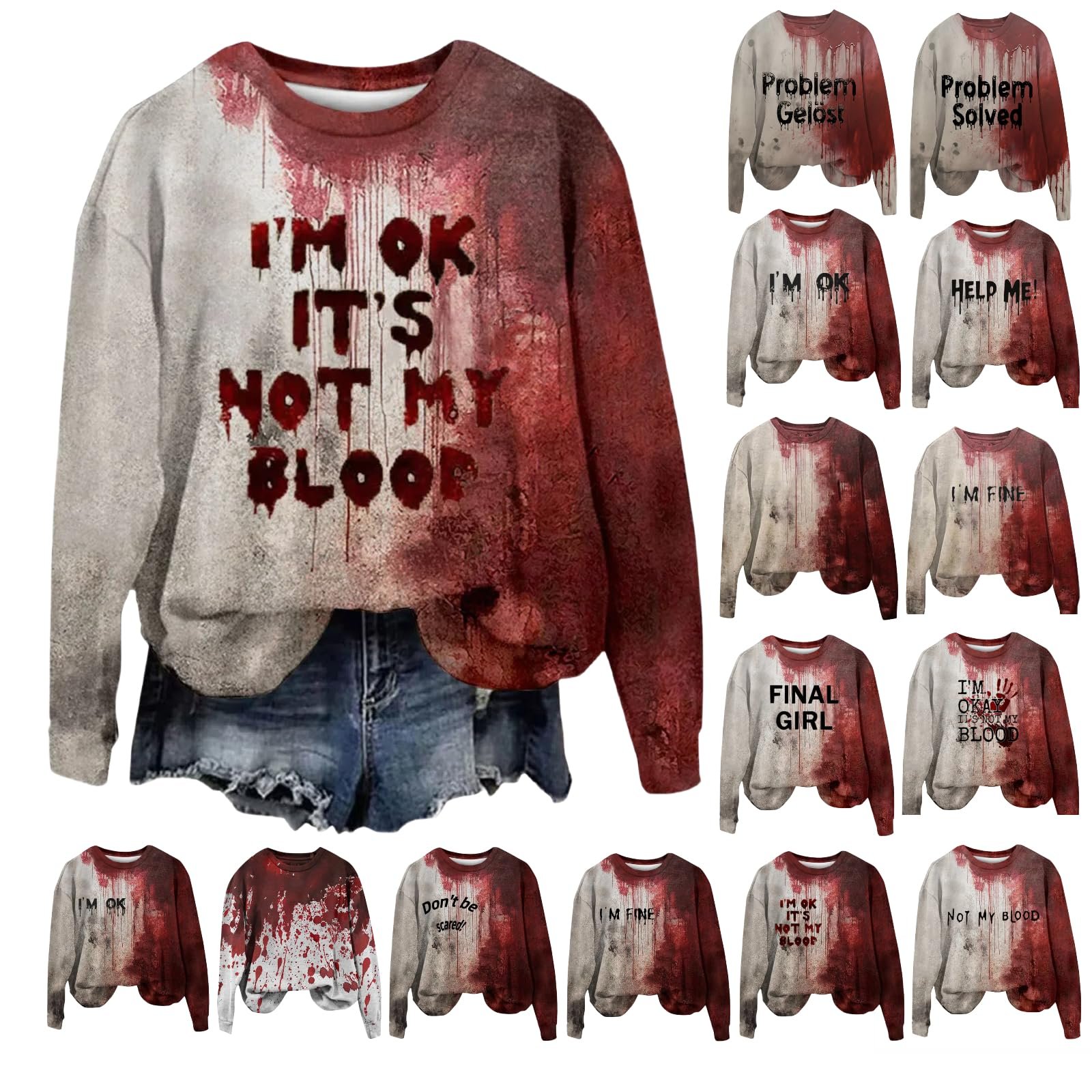 Худи Qixiu Женская Проблема Решена Хэллоуин Длинный Рукав Круглый Вырез Пуловер с Кровавым Узором Кровавые Раны Топы Осенняя Толстовка Хэллоуин, фото №1