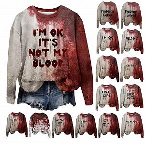 Худи Qixiu Женская Проблема Решена Хэллоуин Длинный Рукав Круглый Вырез Пуловер с Кровавым Узором Кровавые Раны Топы Осенняя Толстовка Хэллоуин - Фото 1
