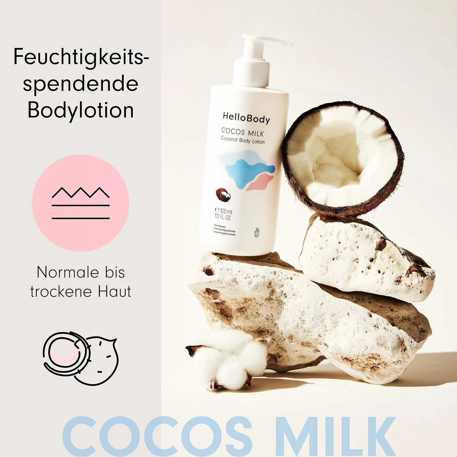 Лосьйон для тіла HelloBody Cocos Milk Зволожуючий 300 мл, фото №2 Лосьйон для тіла HelloBody Cocos Milk Зволожуючий 300 мл, фото №2