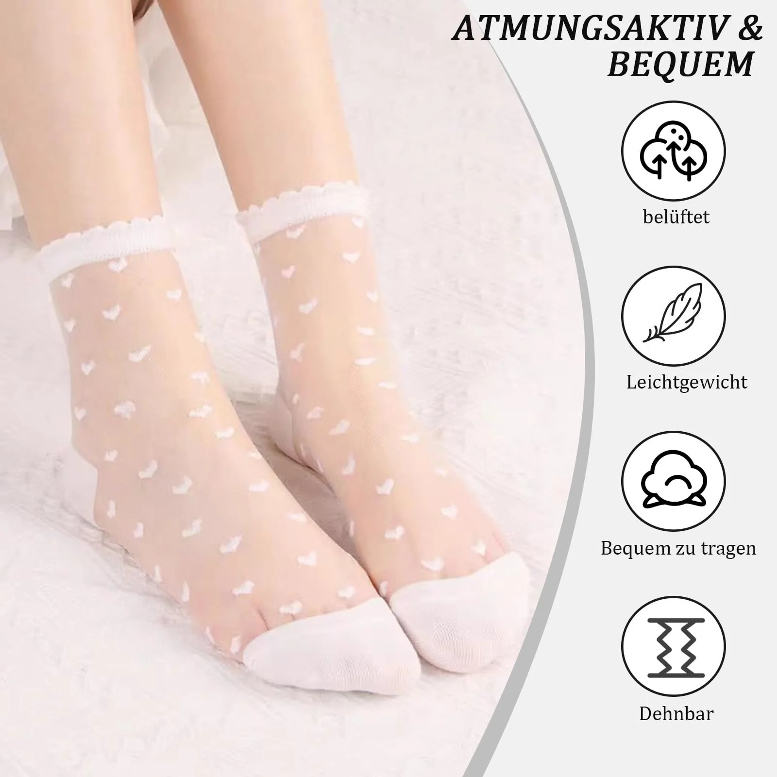 Носки Прозрачные с узором в форме сердца, 6 пар летних носков с рюшами до щиколотки, тонкие чулки, прозрачные сетчатые носки для женщин и девушек Черный + Белый, фото №4