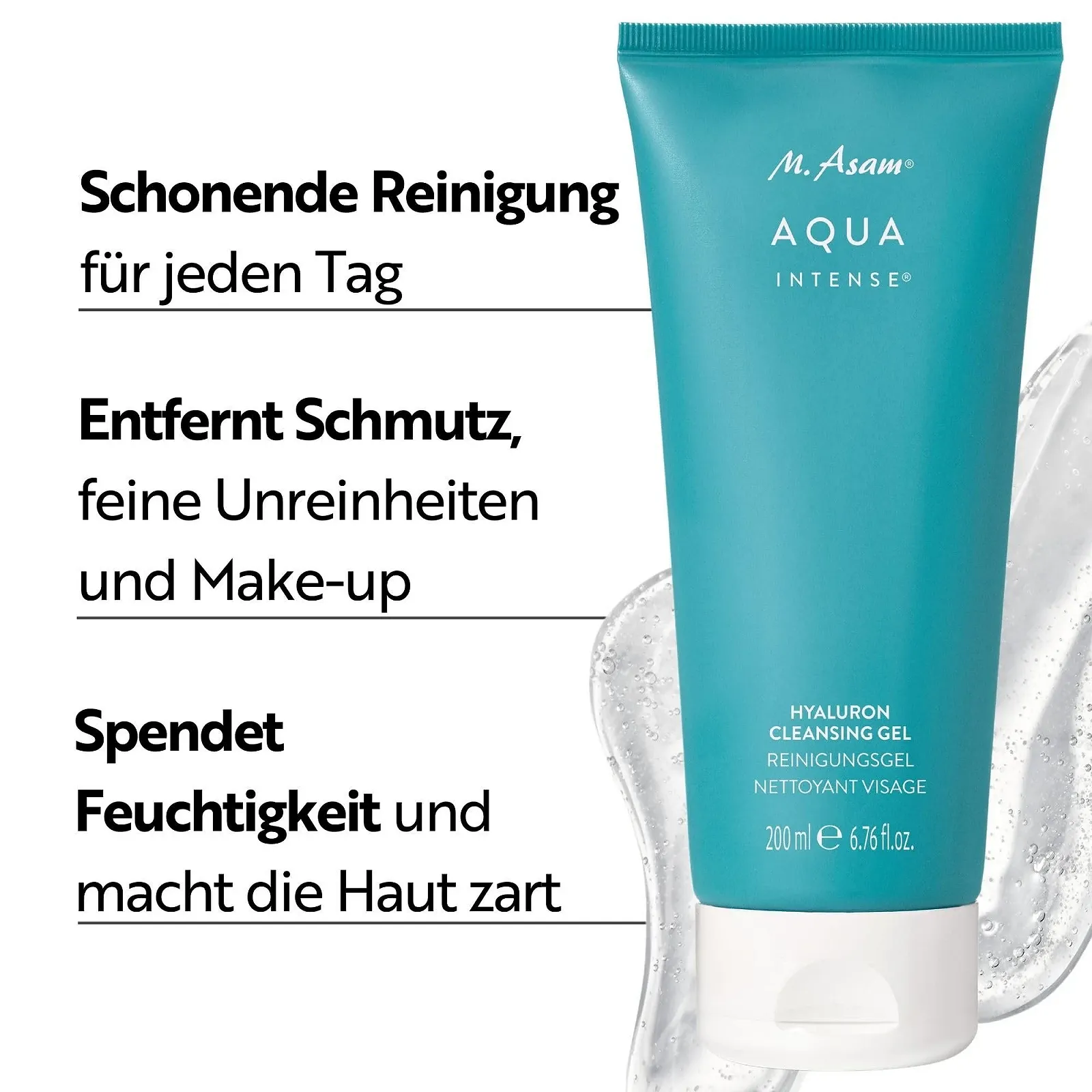 Гель для умывания M. Asam Aqua Intense Hyaluronic, 200 мл Нежное очищение лица с увлажняющим эффектом, удаляет макияж и загрязнения, без отдушек, веганский, уход за кожей любого типа, фото №2 Гель для умывания M. Asam Aqua Intense Hyaluronic, 200 мл Нежное очищение лица с увлажняющим эффектом, удаляет макияж и загрязнения, без отдушек, веганский, уход за кожей любого типа, фото №2