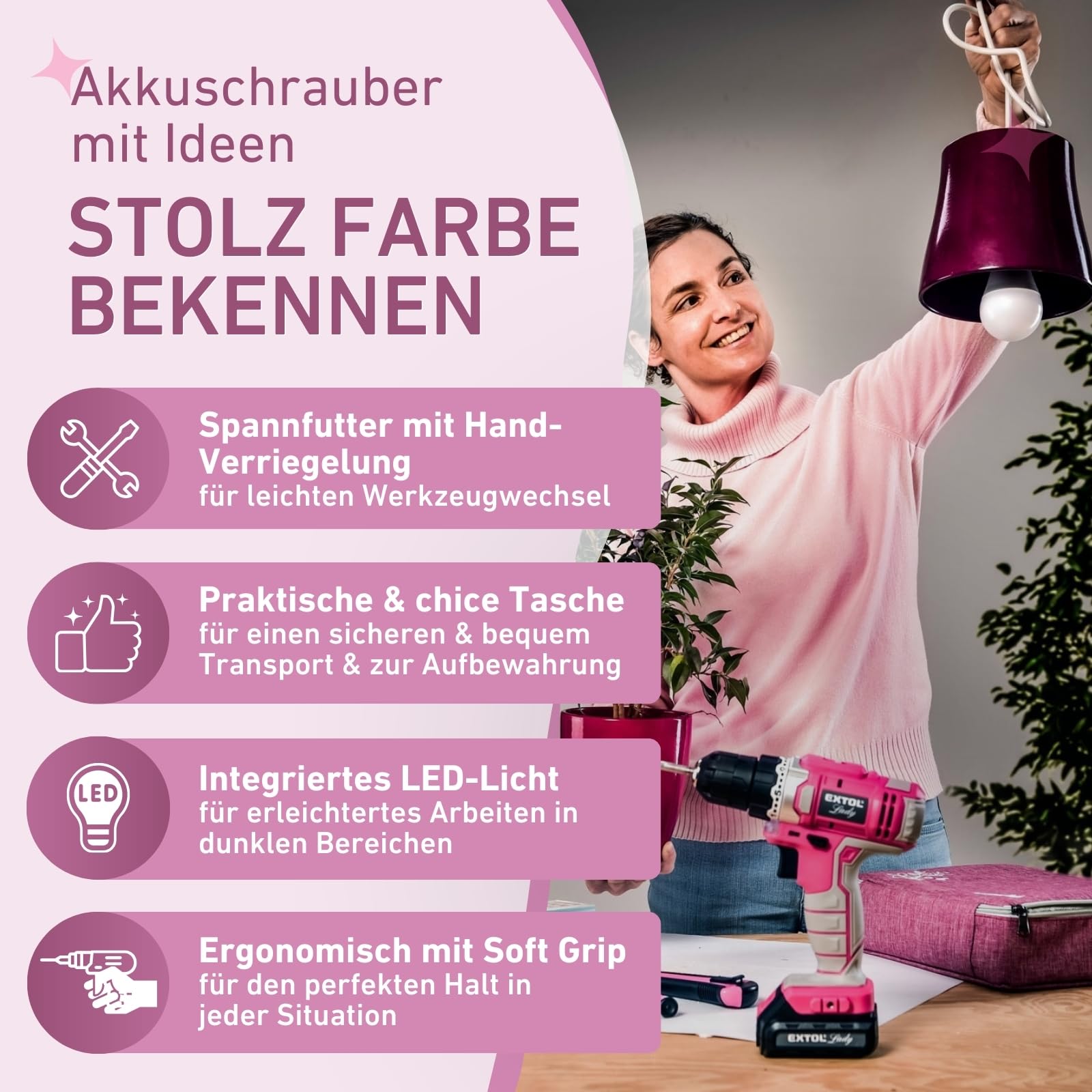 Дриль-шурупокрут Extol Lady 12 V Li-Ion 1300 mAh рожевий з кейсом 6 насадок (подовжений шліц, PH і PZ) та 6 свердел (1-6 мм), фото №4 Дриль-шурупокрут Extol Lady 12 V Li-Ion 1300 mAh рожевий з кейсом 6 насадок (подовжений шліц, PH і PZ) та 6 свердел (1-6 мм), фото №4