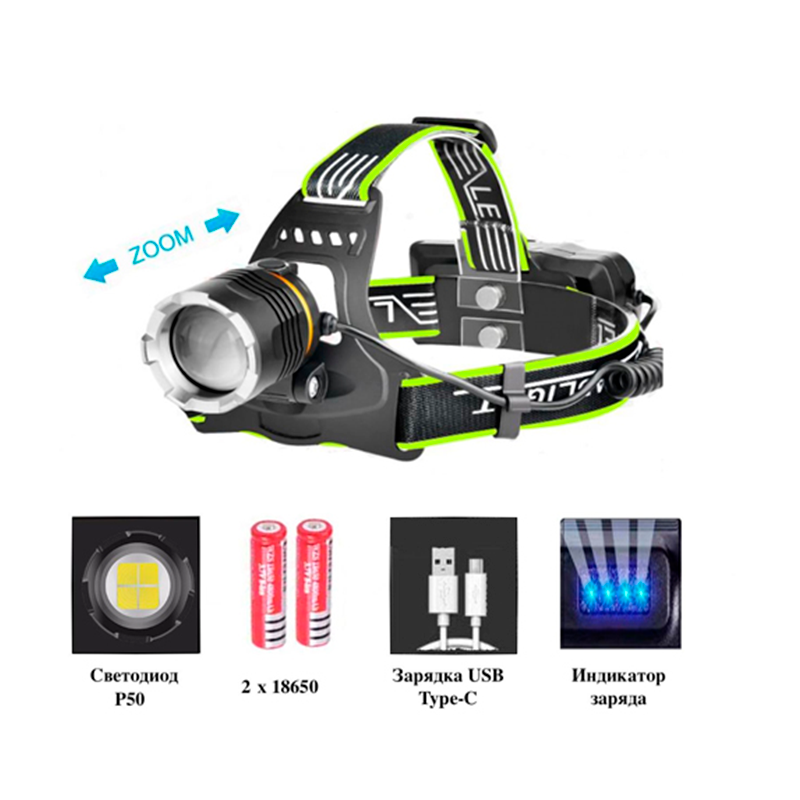 Сильний налобний світлодіод BL-A7 P50 АКБ 18650 х 2 шт zoom ЗУ micro USB, фото №3
