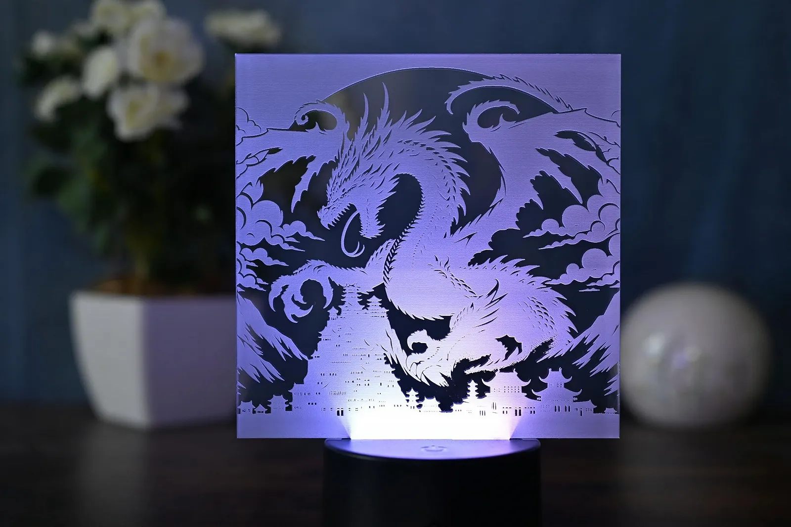 Настольная светодиодная лампа Magic Dragon Японский стиль Дракон Диммируемая Пульт Акрил Черная, фото №3