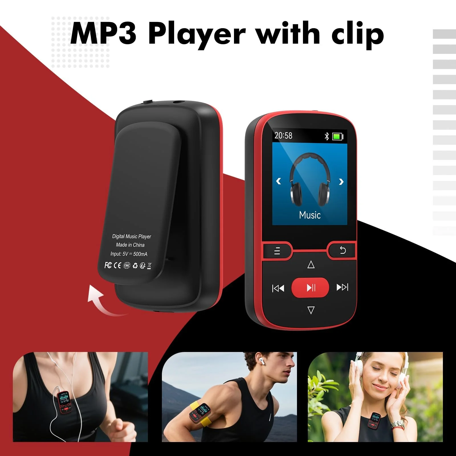 MP3-плеер 64 GB Bluetooth 5.3 с клипсой, детский HiFi спортивный музыкальный плеер, 1.5-дюймовый экран, FM-радио/шагомер/диктофон, вес 28 г, TF-карта до 128G, фото №4