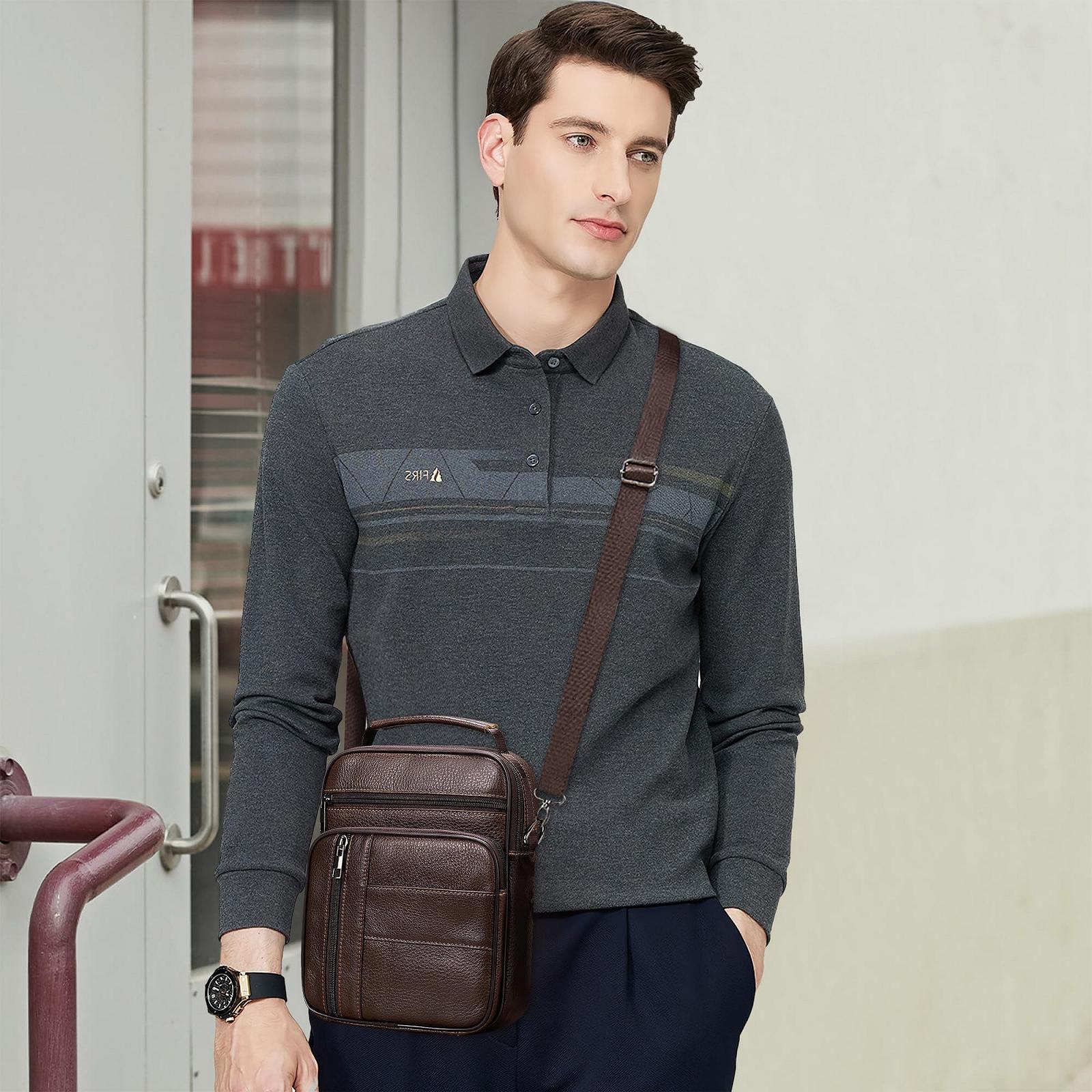 Сумка через плече DEEVORCA Vintage чоловіча шкіряна модна з ручкою для подорожей, школи, коричнева A, фото №2