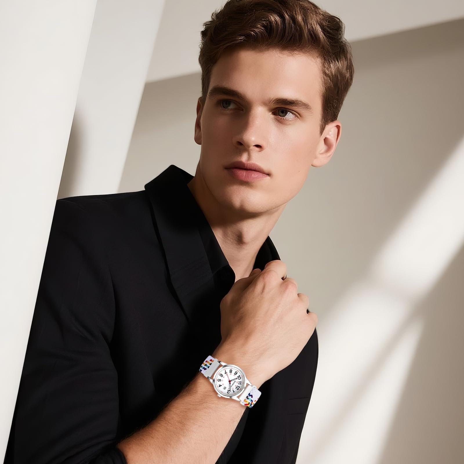 Часы Boho JewelryWe с плетеным эластичным тканевым ремешком, аналоговые кварцевые наручные часы с календарем, цветной тканый эластичный браслет, часы для пожилых людей с большими цифрами 12/24, фото №4 Часы Boho JewelryWe с плетеным эластичным тканевым ремешком, аналоговые кварцевые наручные часы с календарем, цветной тканый эластичный браслет, часы для пожилых людей с большими цифрами 12/24, фото №4