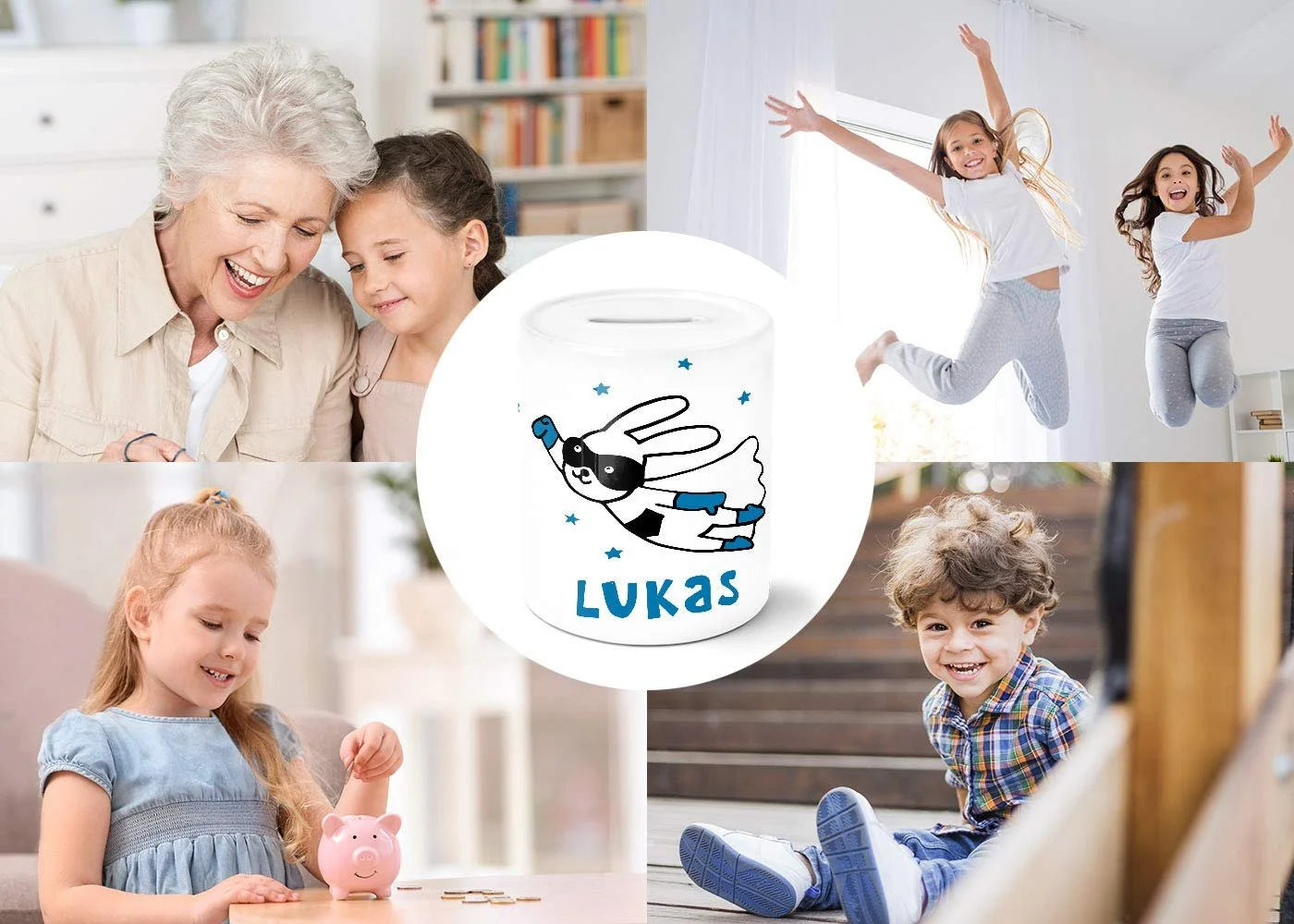 Скарбничка дитяча керамічна Кролик-супергерой персоналізована, фото №5