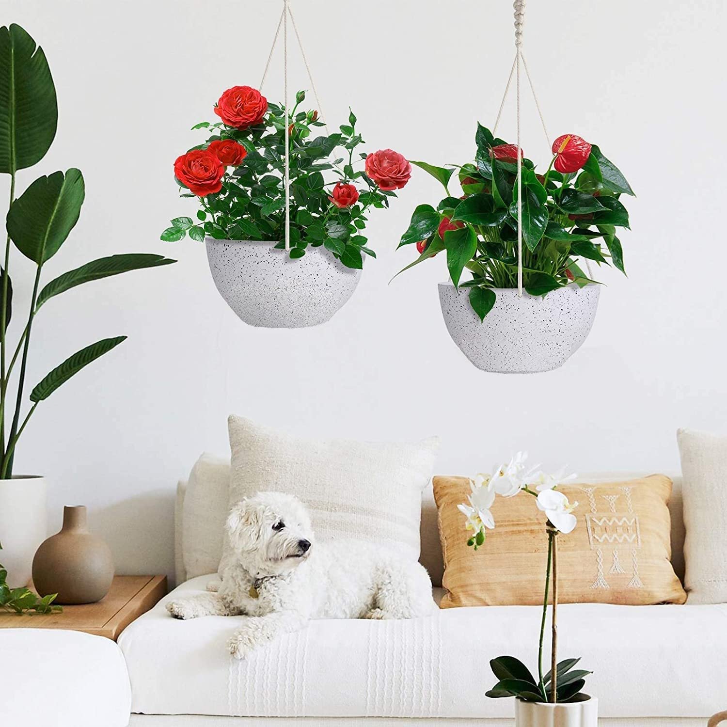 Підвісні квіткові вазони LATERN 25 см 2 Pack Білий з вкрапленнями з дренажними отворами, фото №7