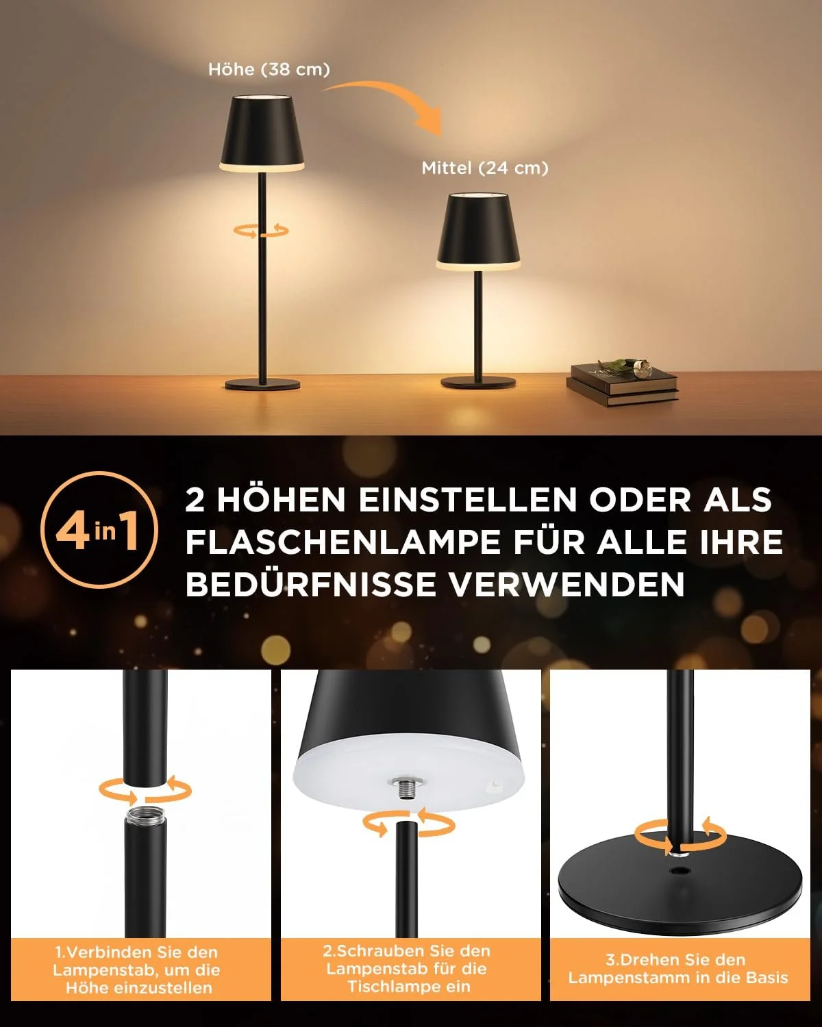 Світлодіодна настільна лампа VIWAVE LED бездротова димована з акумулятором 5200 mAh регульована висота IP54 Чорний, фото №3