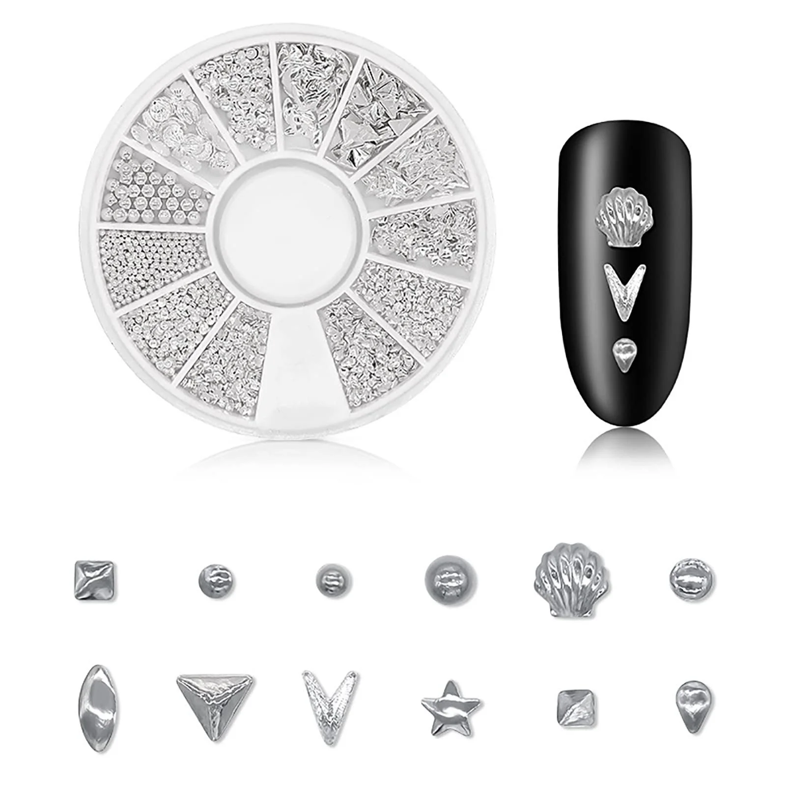 Стрази для нігтів Різні форми Сплав Аксесуари з коробкою 12 відділень Сріблястий сплав Порожнисті, фото №1