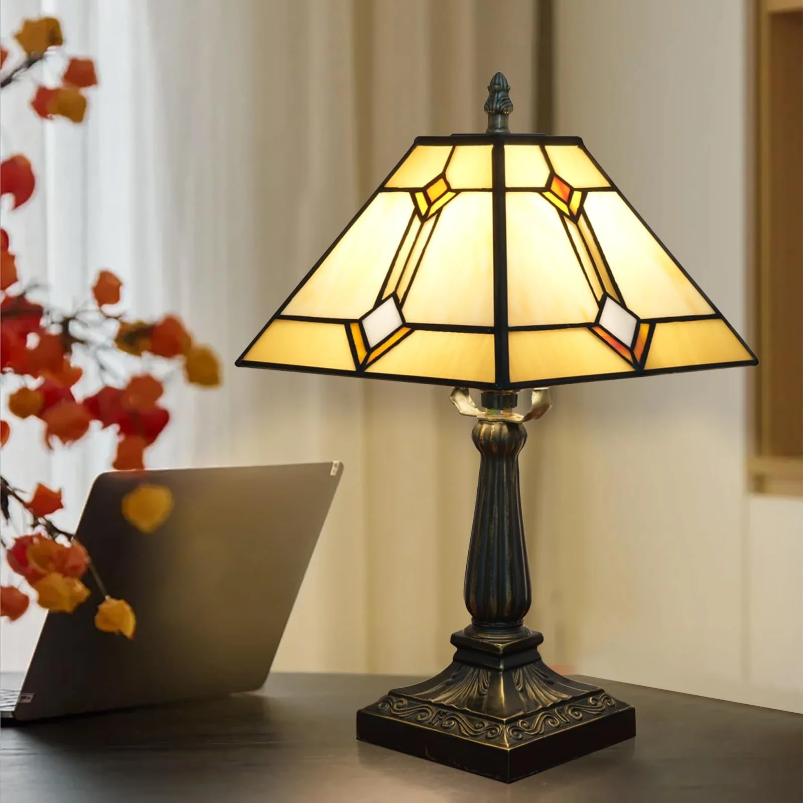 Настільна лампа Tiffany у стилі місія вітражне скло жовта антик, фото №3