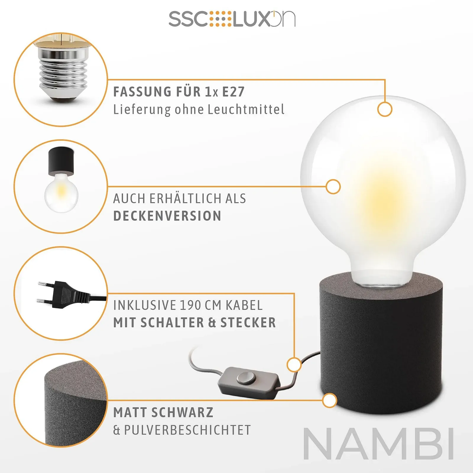 Настільна лампа SSC-LUXon NAMBI Набір з 2 шт. кругла E27 з кабелем та вимикачем чорна, фото №4