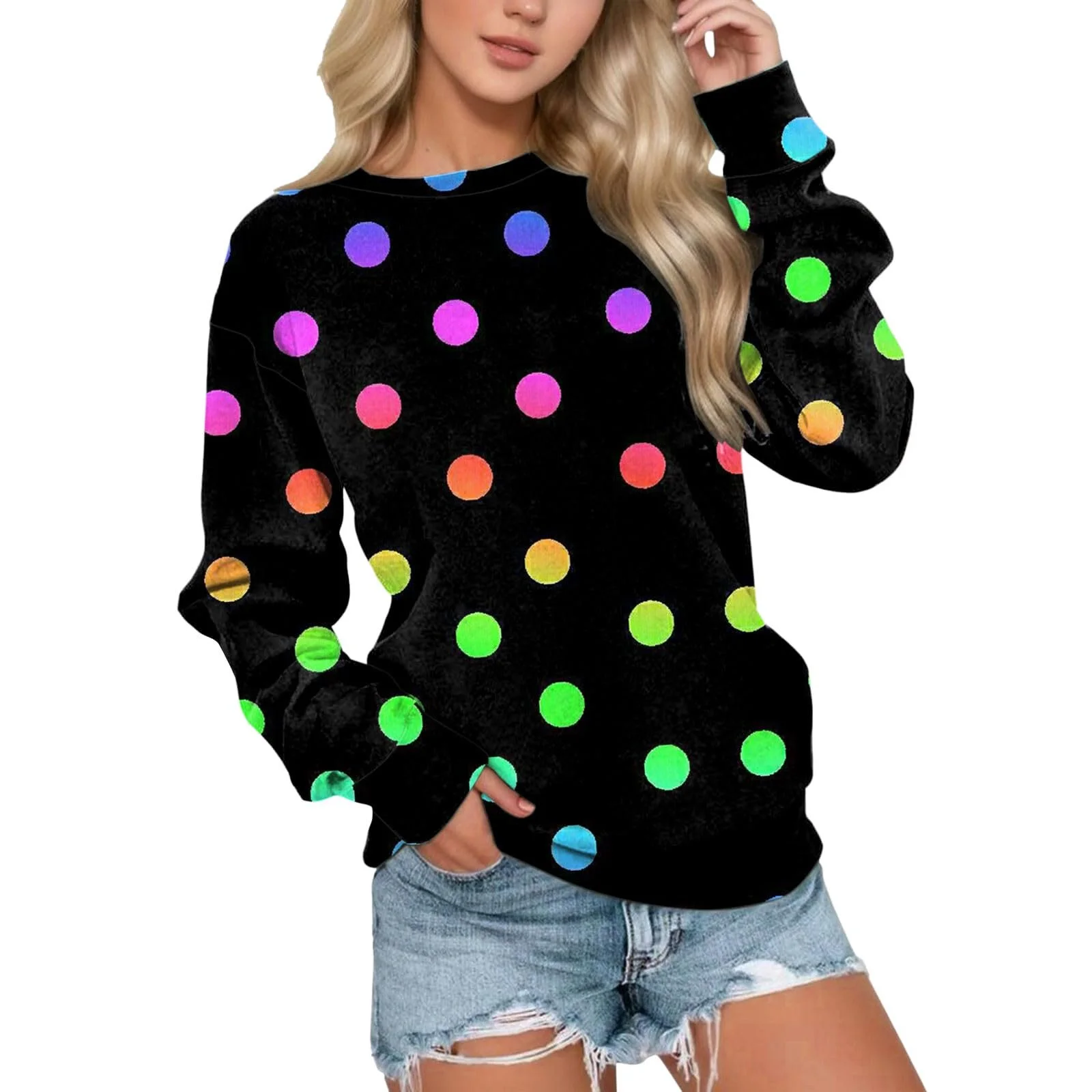 Женский Свитшот Свободного Кроя В Горошек Осенний Спортивный Модный С Длинными Рукавами Кэжуал С Круглым Вырезом Спортивный, фото №1