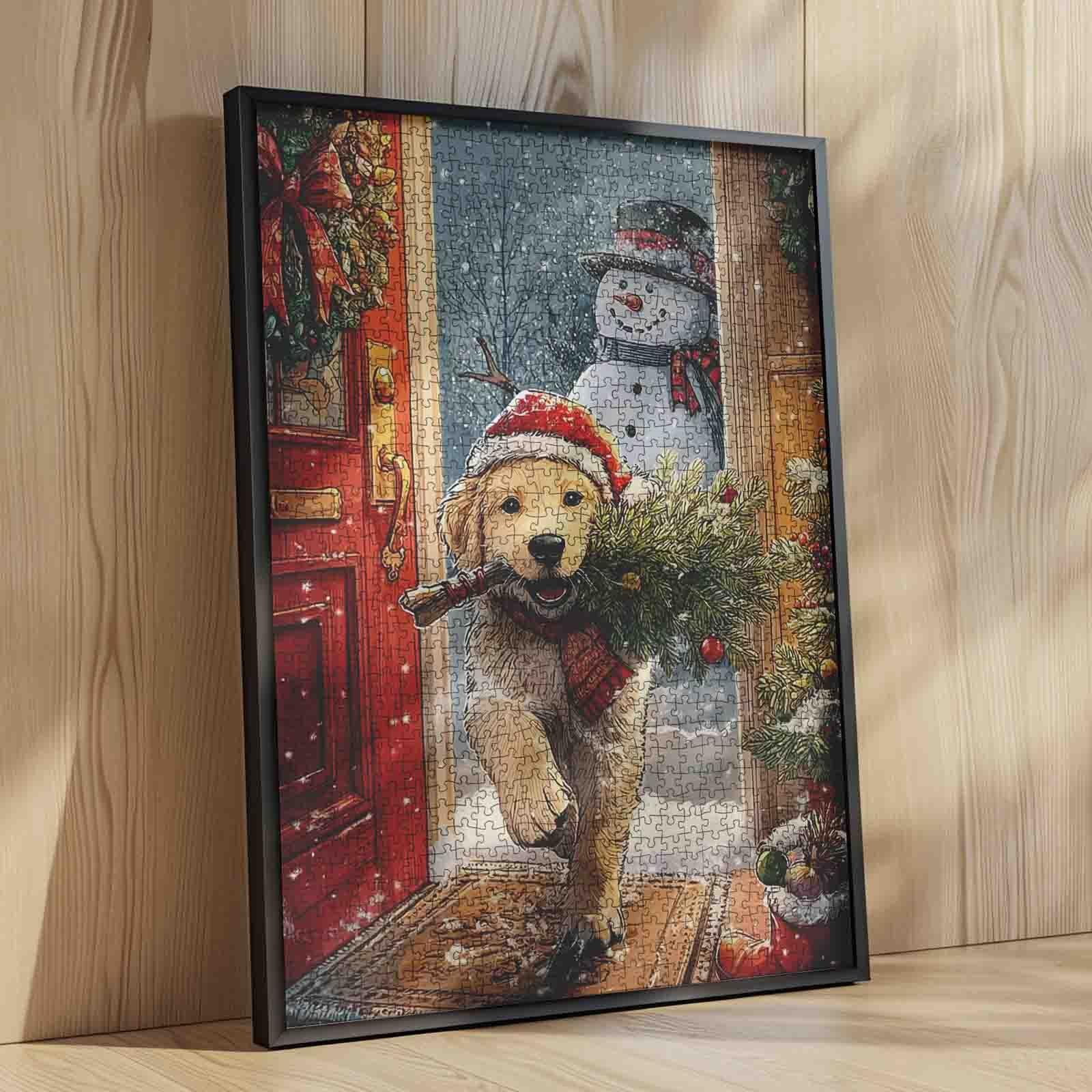 Пазл Dog with Christmas Hat Cute Snowman Winter Scene 1000 деталей 50 x 70 см, фото №3