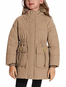 SEAUR Зимнее пальто для девочек, зимняя куртка, теплое флисовое пальто, утолщенная куртка на подкладке, парка для улицы со съемным капюшоном 6-11 лет - Фото 1