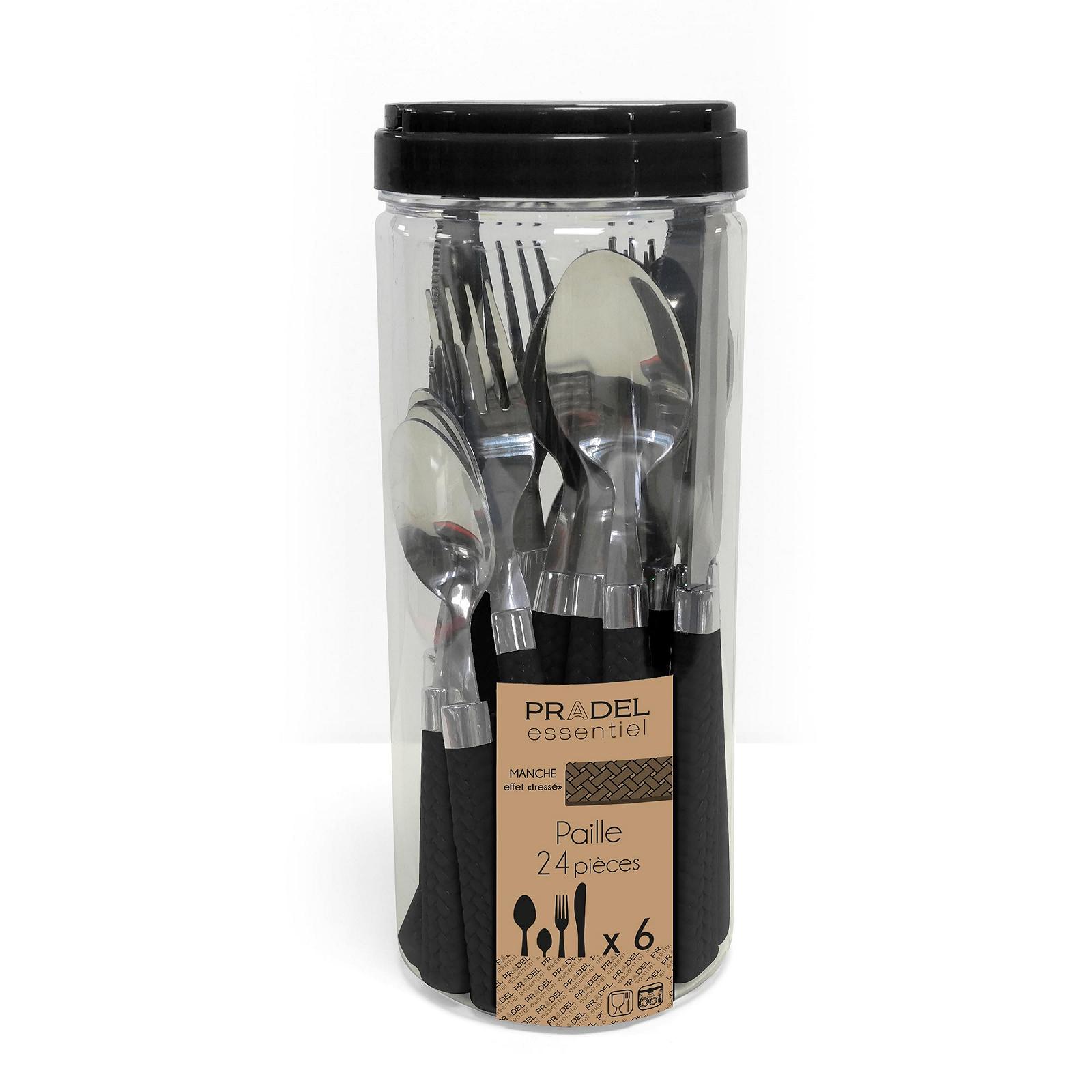 Набор столовых приборов Amefa PAILLE на 6 персон, набор столовых приборов 24 предмета, черные ручки с плетеным дизайном, фото №4