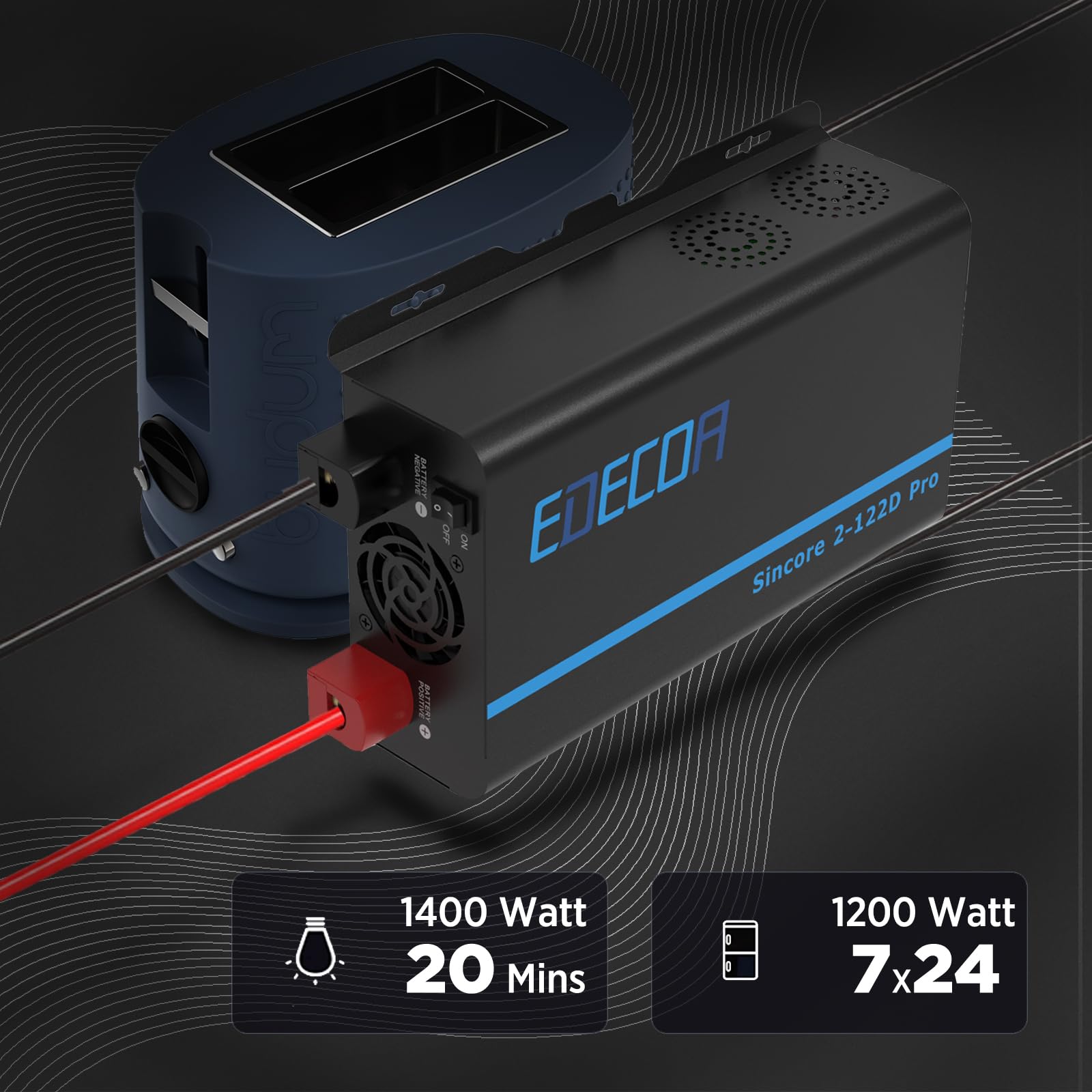 Інвертор EDECOA Перетворювач напруги Чистої Синусоїди 12 В 230 В LCD 2X USB та дистанційне керування 1200 Вт, короткочасний пік 3000 Вт, фото №3