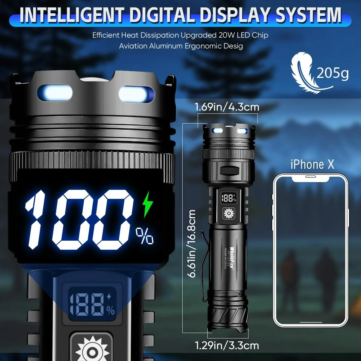 Ліхтар WholeFire LED Акумуляторний Надзвичайно Яскравий 100 000 Люмен USB 5 Режимів IP65 Водонепроникний для Кемпінгу, Походів, Надзвичайних Ситуацій, фото №5